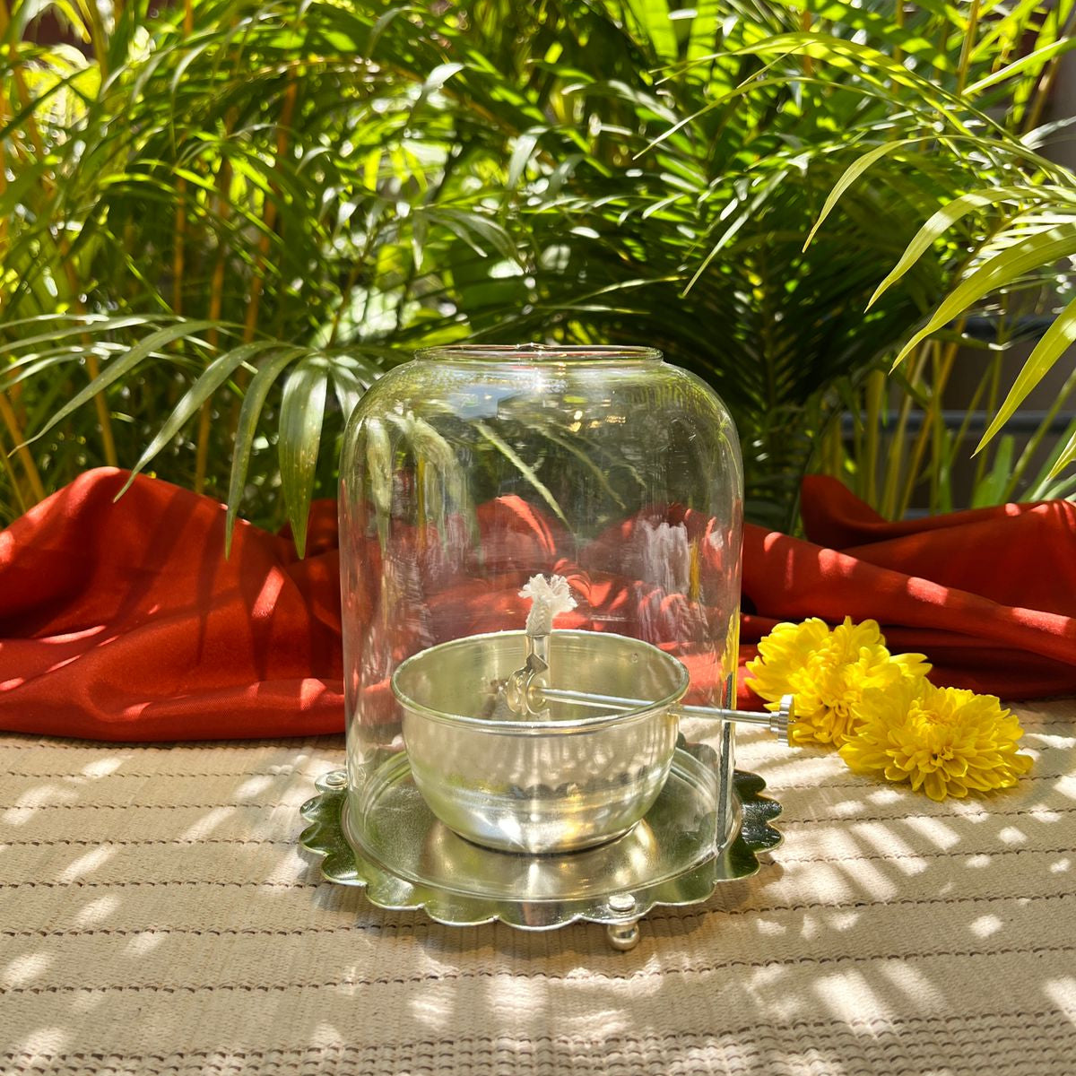 Ambi Akhand Jyot Silver Plated Brass Diya with Glass Shield