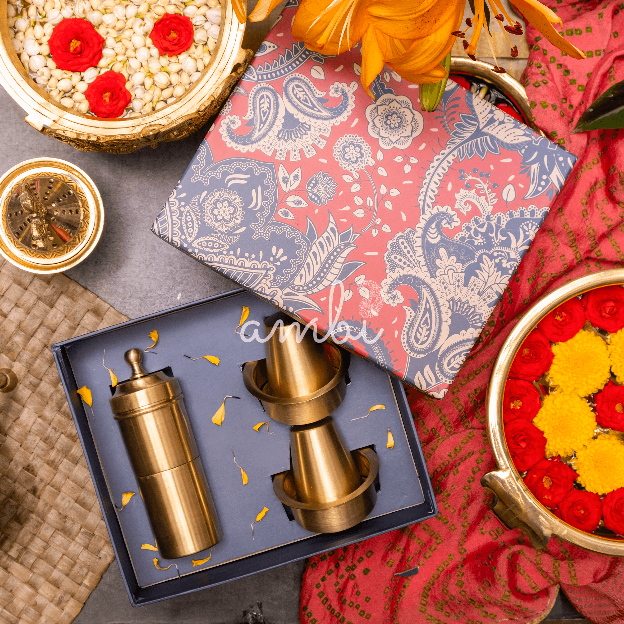 Ambi Gift of Aroma : Pure Brass Coffee Filter and 2 Dabara Cup Set in a Gift Box