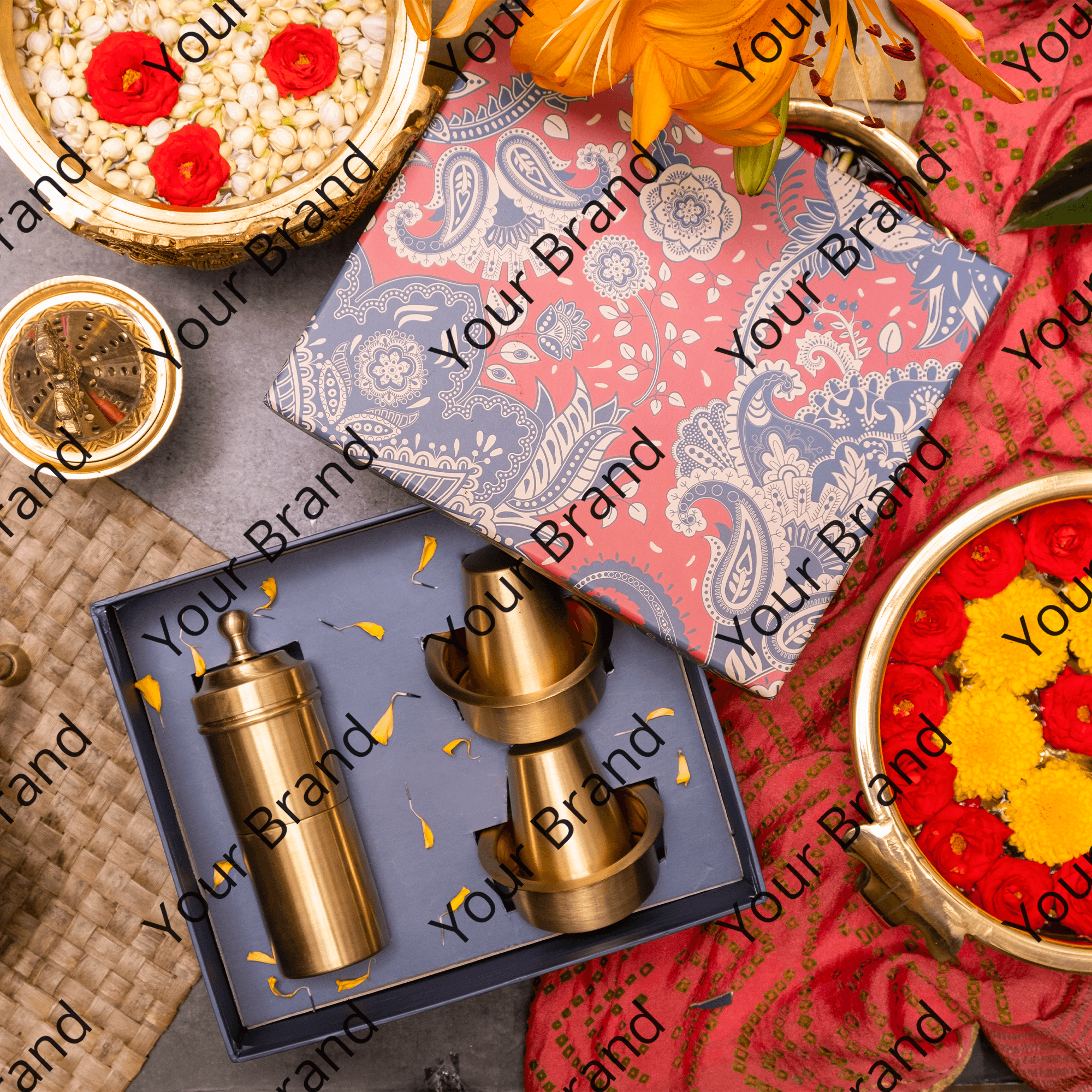 Ambi The Gift of Morning Ritual: Pure Brass Coffee Filter and 2 Dabara Cup Set in a Gift Box