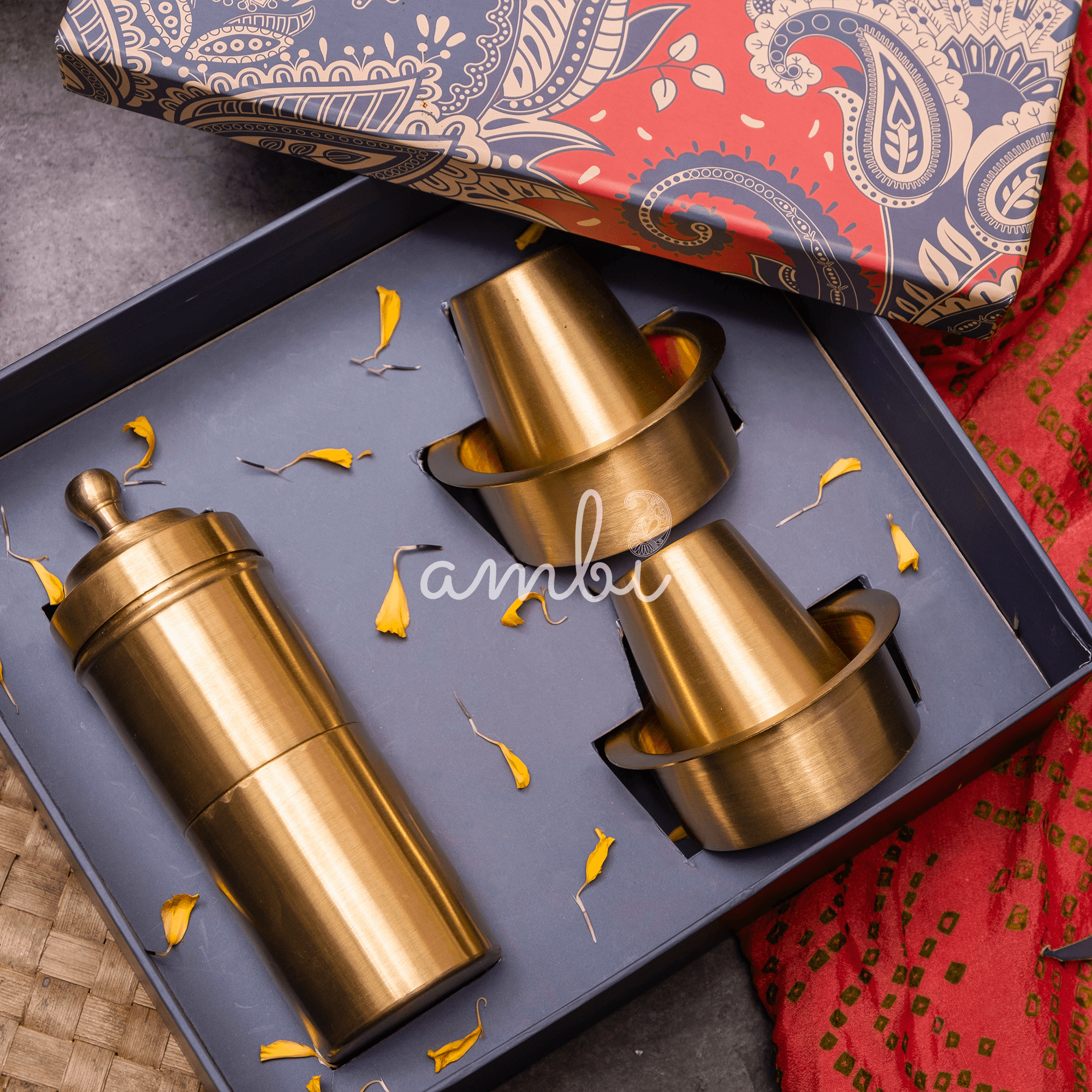 Ambi Gift of Aroma : Pure Brass Coffee Filter and 2 Dabara Cup Set in a Gift Box