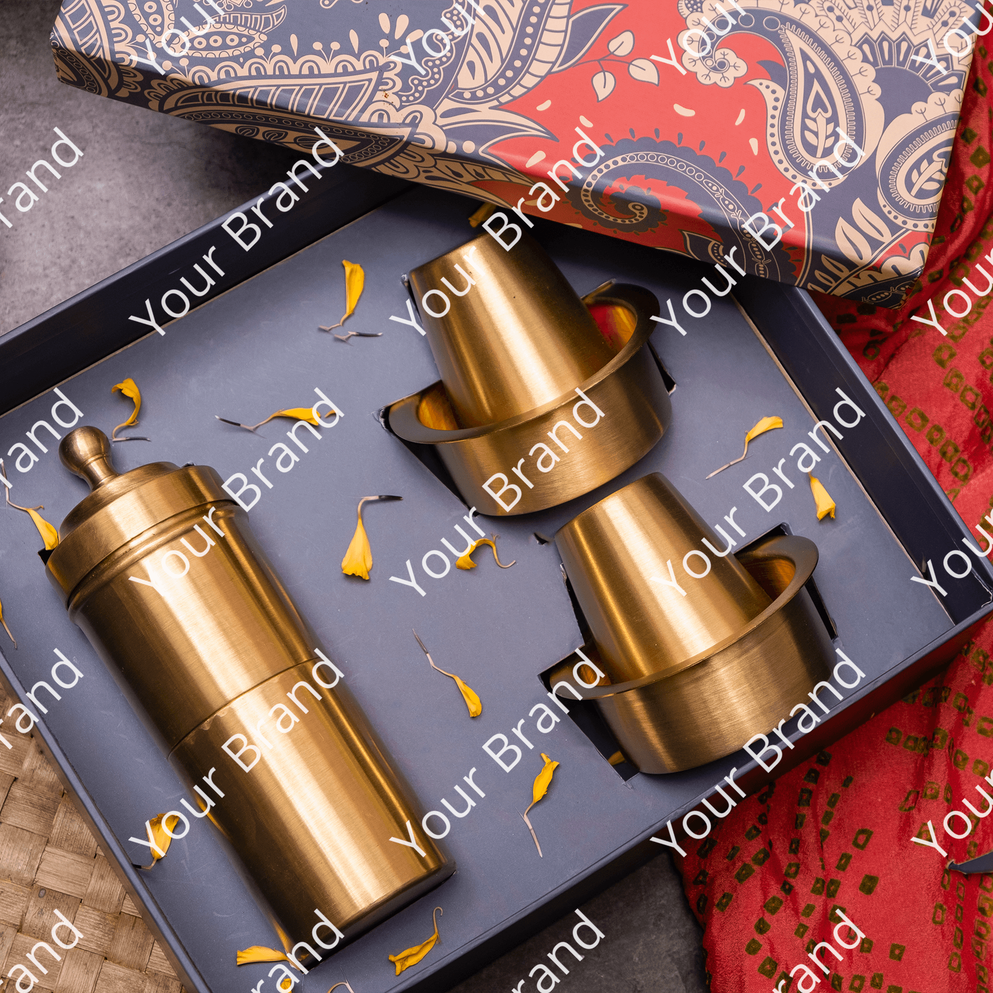 Ambi The Gift of Morning Ritual: Pure Brass Coffee Filter and 2 Dabara Cup Set in a Gift Box