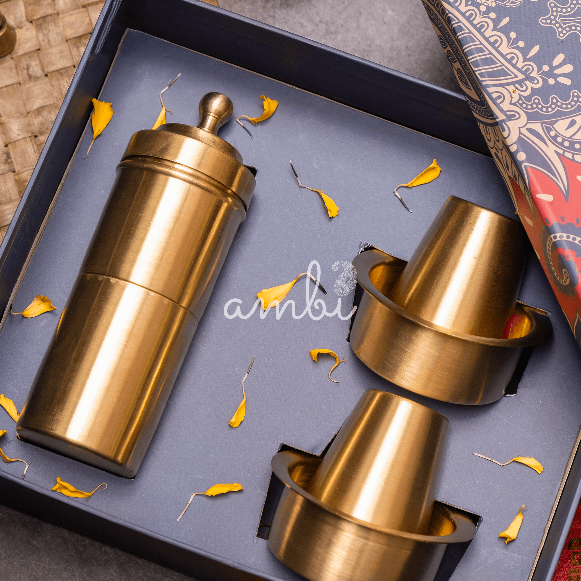 Ambi Gift of Aroma : Pure Brass Coffee Filter and 2 Dabara Cup Set in a Gift Box