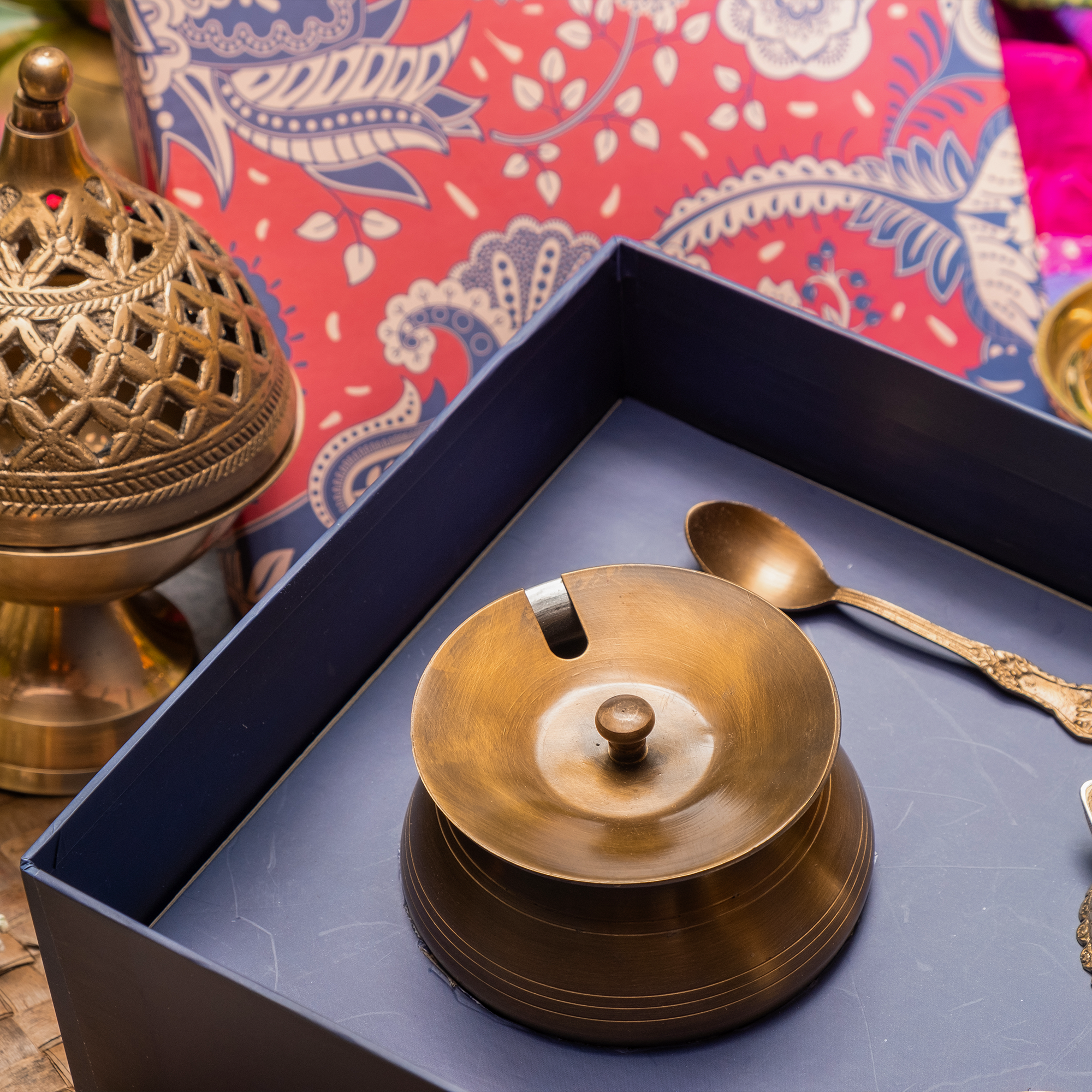 Ambi Gift of Purity : 1 Pure Brass Ghee Pot and 2 Pure Brass Diyas in a Gift Box