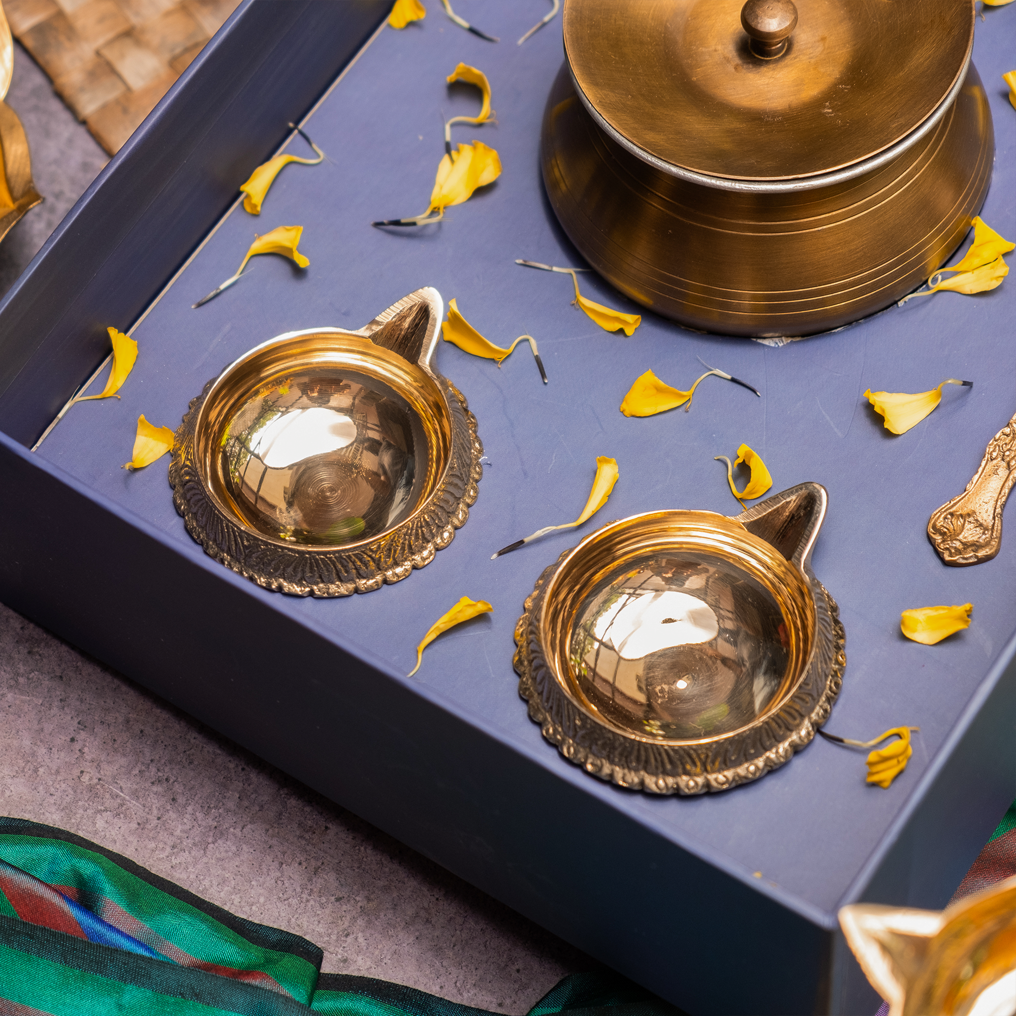 Ambi Gift of Purity : 1 Pure Brass Ghee Pot and 2 Pure Brass Diyas in a Gift Box