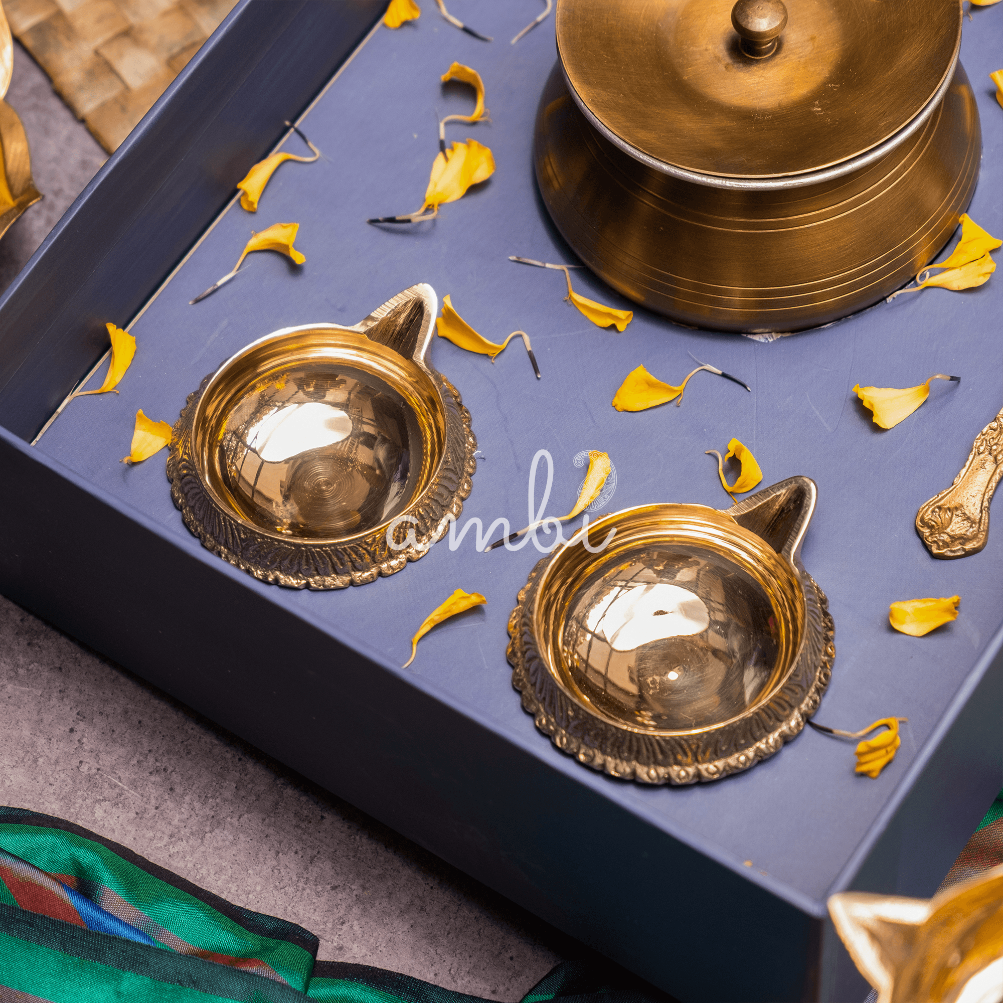 Ambi Gift of Purity : 1 Pure Brass Ghee Pot and 2 Pure Brass Diyas in a Gift Box