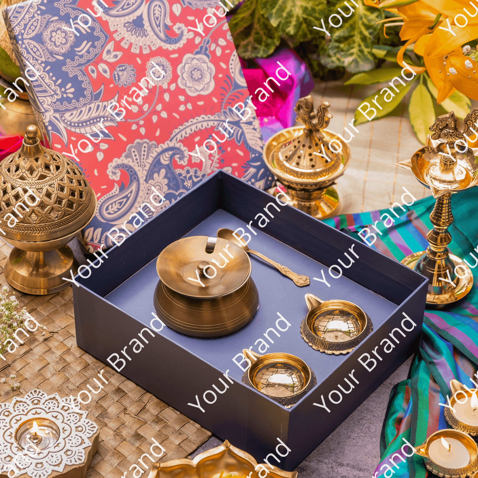 Ambi Gift of Purity : 1 Pure Brass Ghee Pot and 2 Pure Brass Diyas in a Gift Box