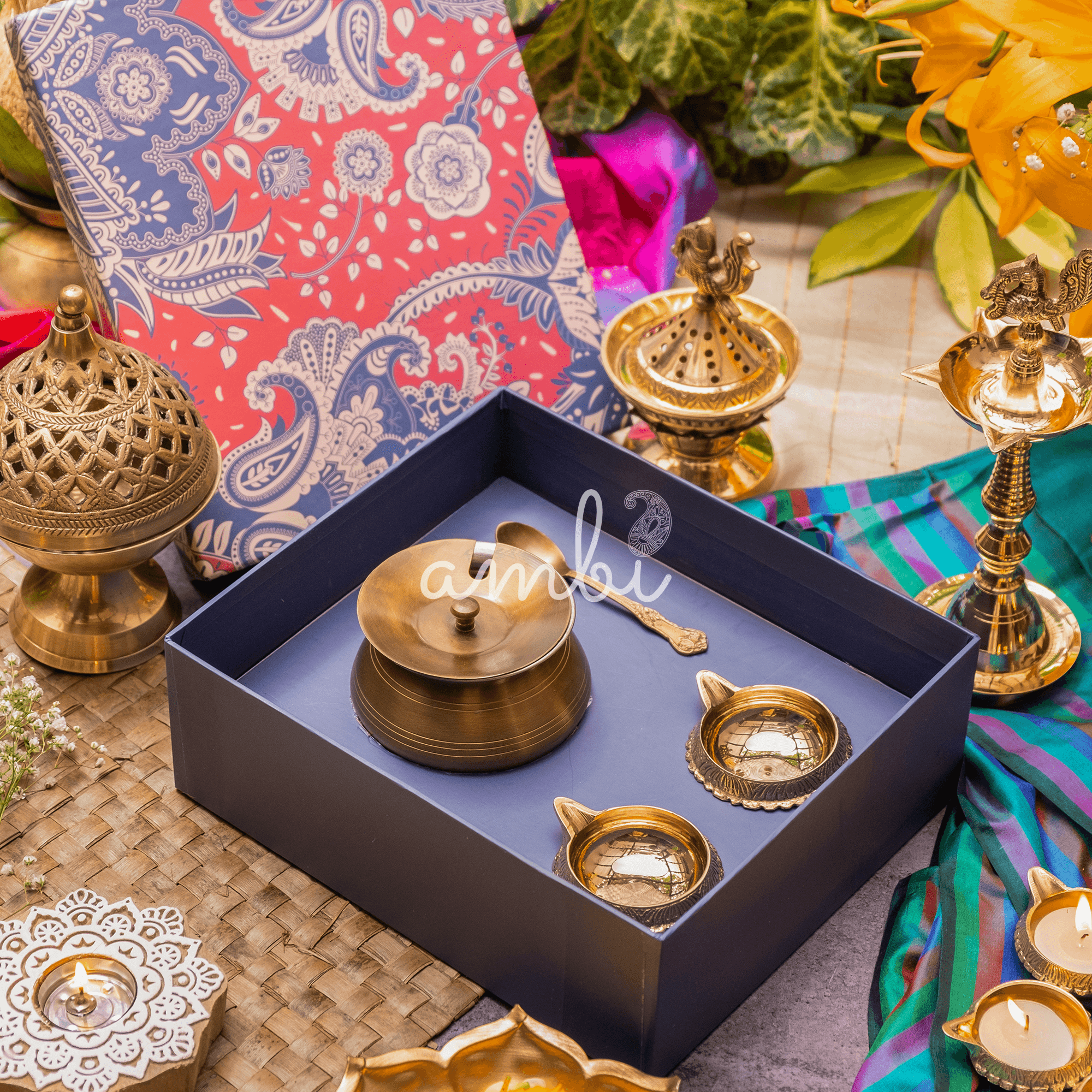 Ambi Gift of Purity : 1 Pure Brass Ghee Pot and 2 Pure Brass Diyas in a Gift Box