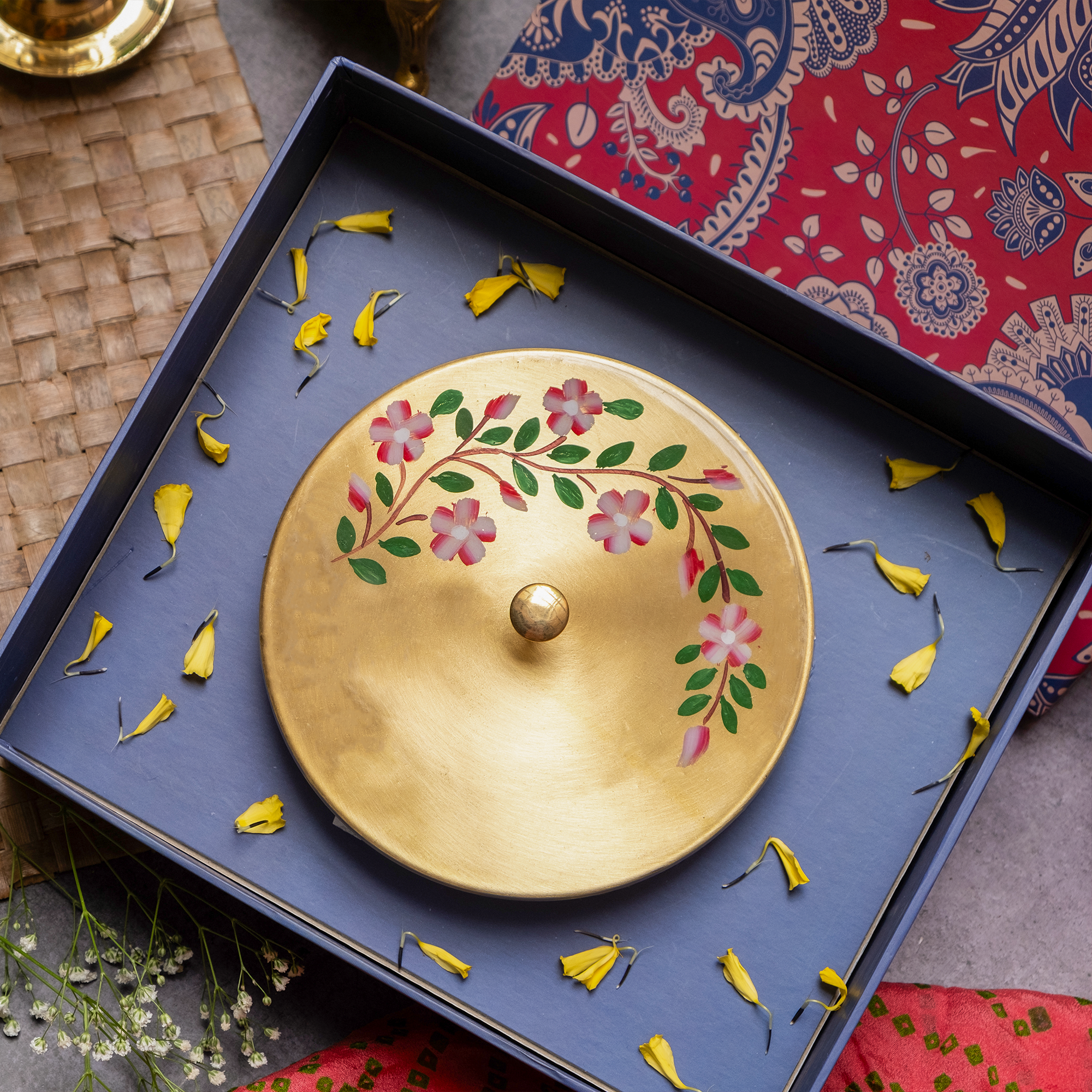 Ambi Gift of Sweetness : 1 Pure Brass Floral Hand-Painted Ladoo Box in a Gift Box