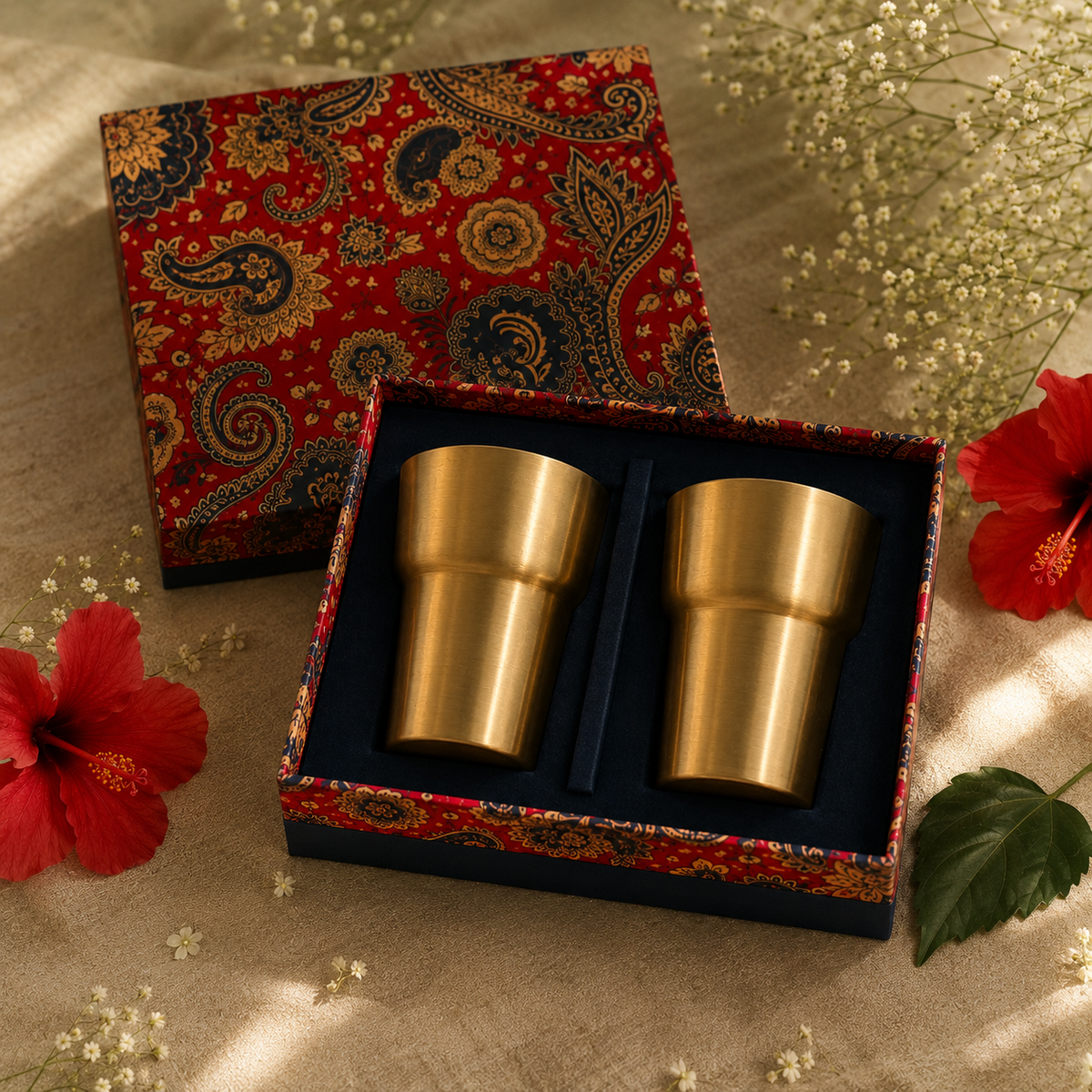 Two gold-toned metal cups presented in an open decorative box with a red paisley patterned lid, styled on a beige fabric surface with red flowers and small white blossoms.