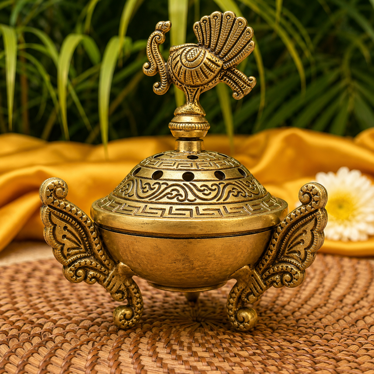 An ornate brass incense burner with a decorative bird-shaped lid handle, set on a woven mat with yellow fabric and green foliage in the background.