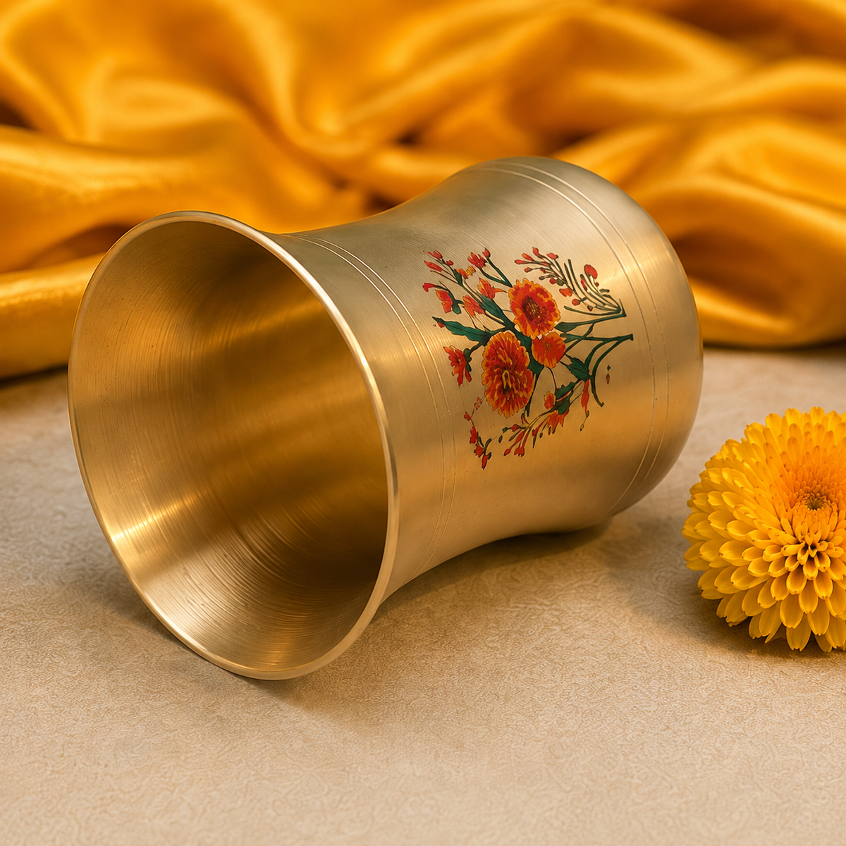 A brushed brass bell-shaped cup with a floral print, resting on a beige textured surface with a yellow flower and draped yellow fabric in the background.