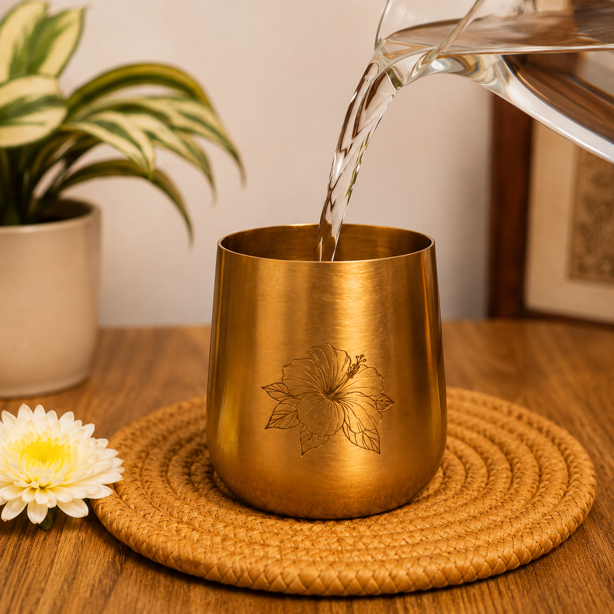 A brushed gold metal tumbler with an engraved hibiscus flower, shown on a woven straw coaster with water being poured into it from a glass pitcher. A potted plant and a white flower are in the background on a wooden table.
