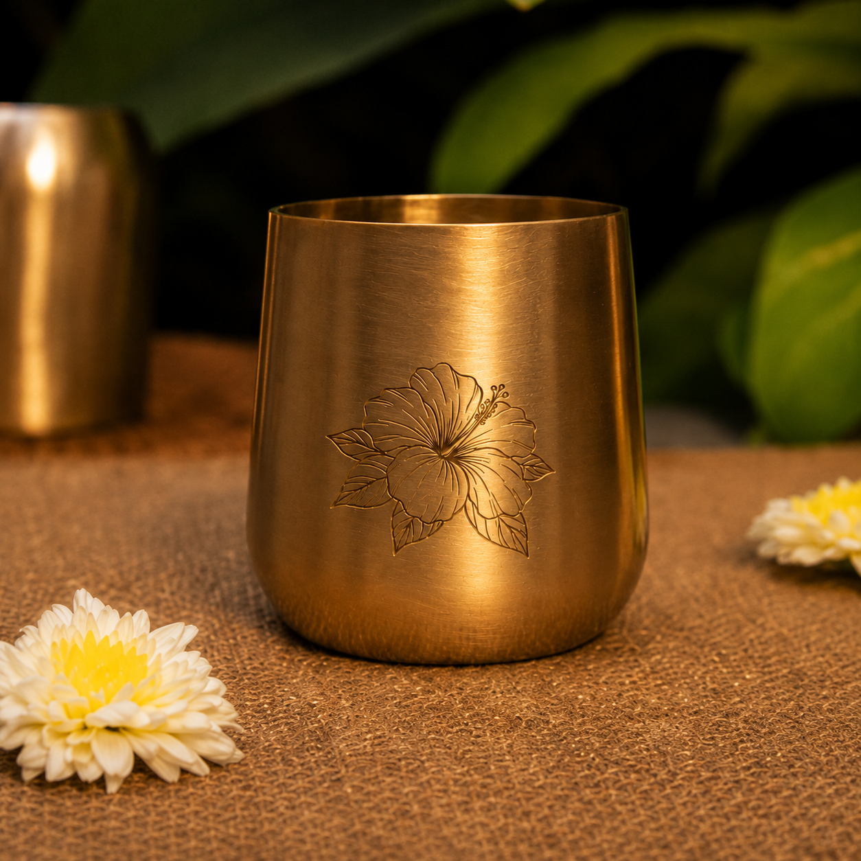 A brushed brass candle holder with an engraved hibiscus flower, displayed on a textured burlap surface with white flowers and a blurred green background.
