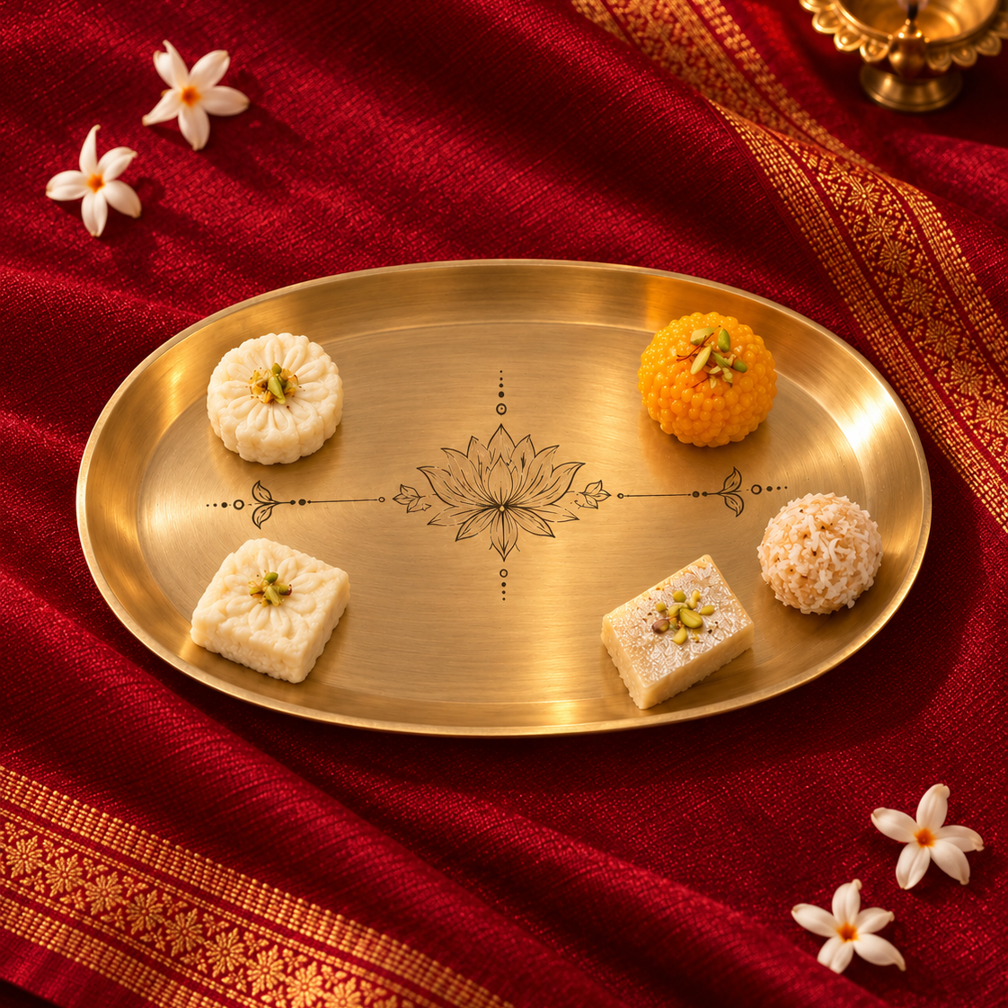 Ambi Devi Range 100% Pure Heavy Kansa Bhog & Prasadam Thali | Lotus Etched