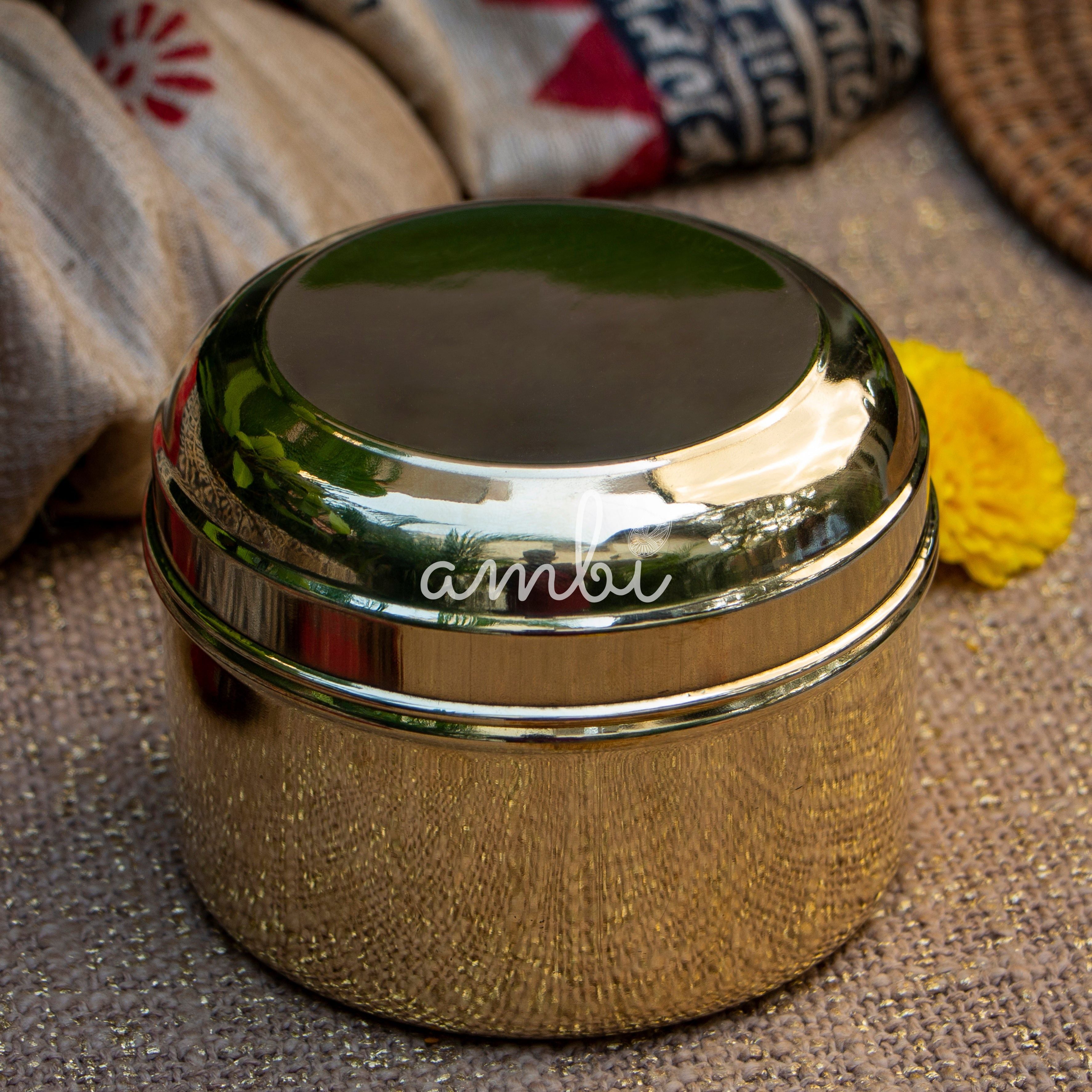 Ambi Pure Brass Laddoo / Kitchen Storage Box - Large - 6 inches Diameter - Glossy Finish