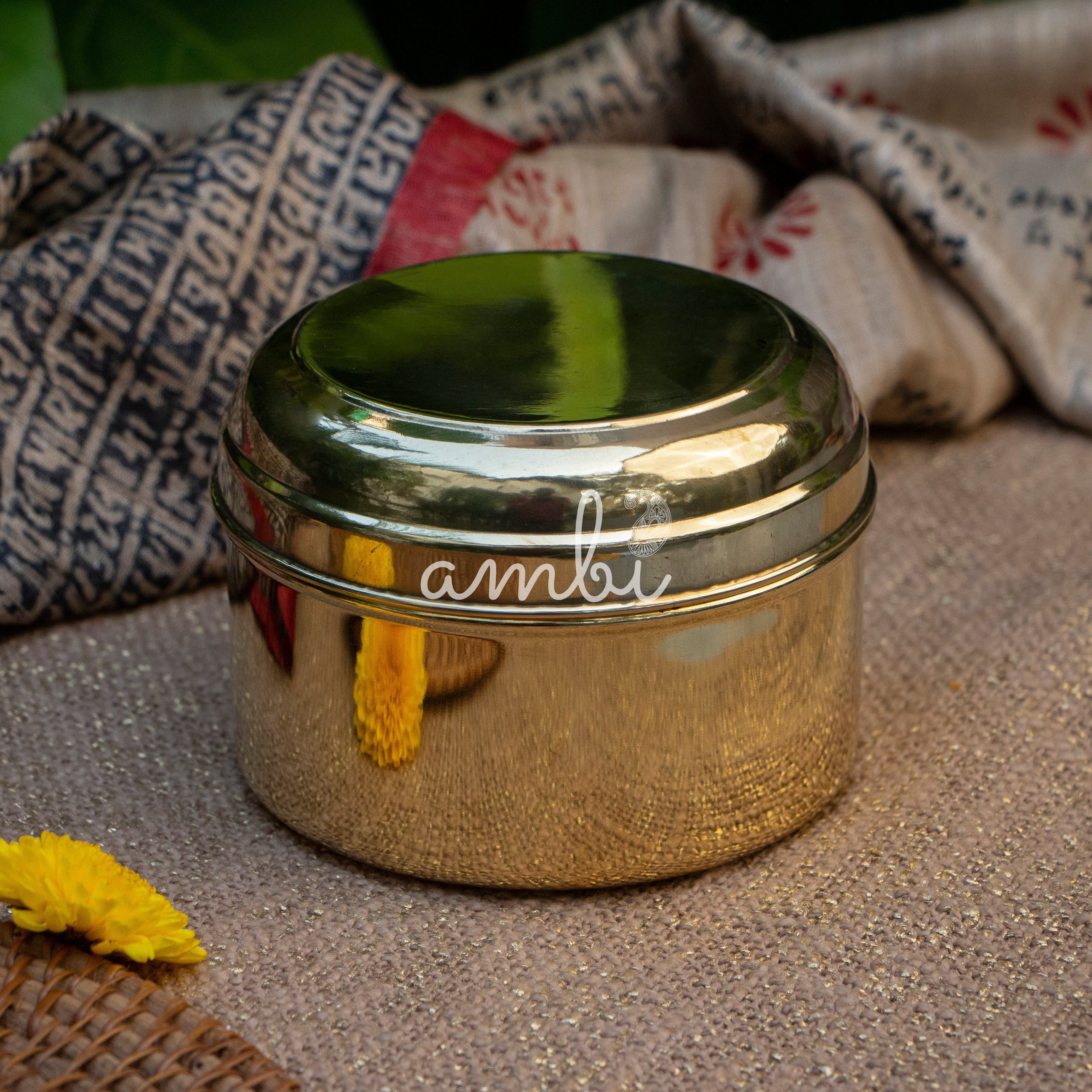 Ambi Pure Brass Laddoo / Kitchen Storage Box - Medium - 4.5 Inches - Glossy Finish