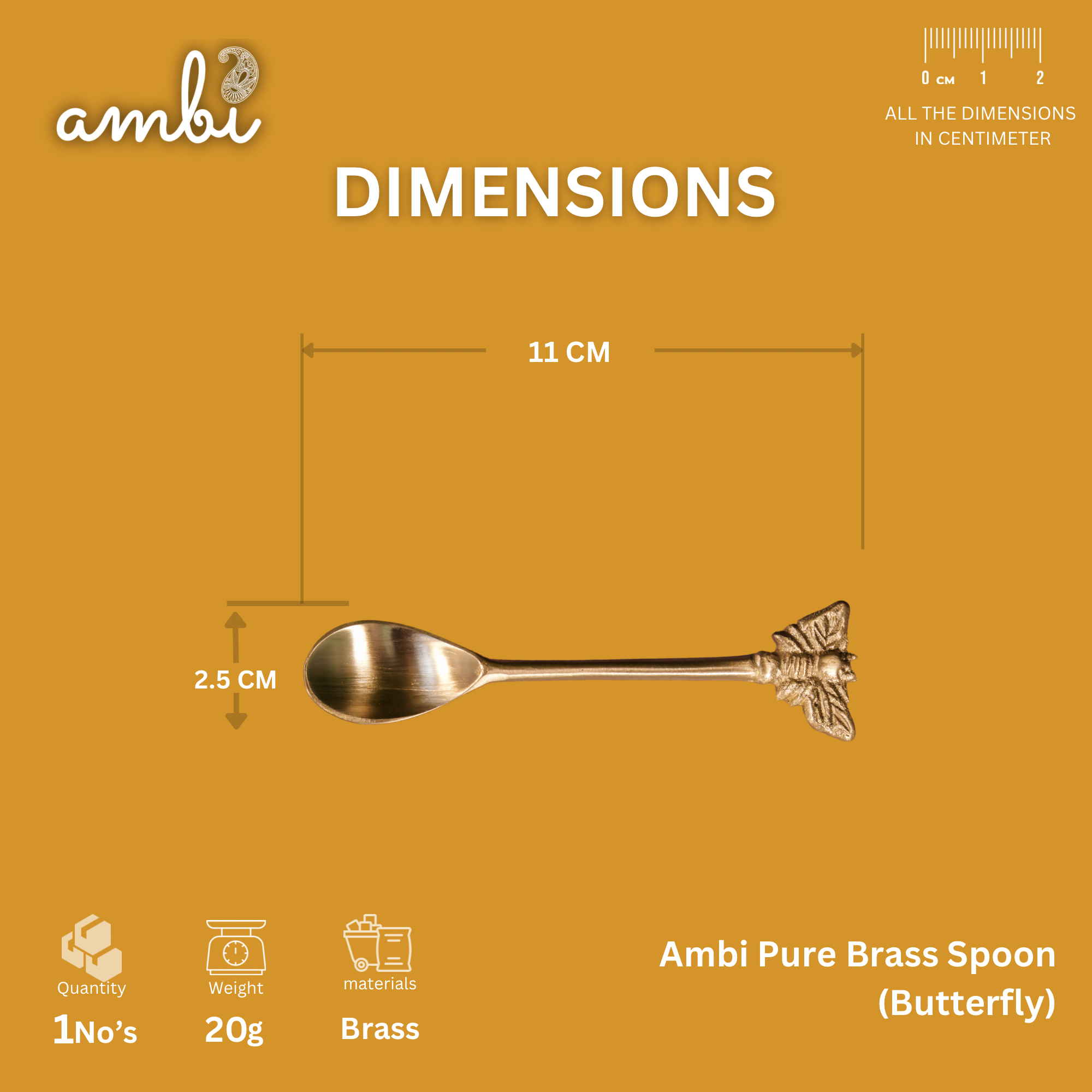 Ambi Pure Brass Butterfly Head Small Spoon - Set of 2