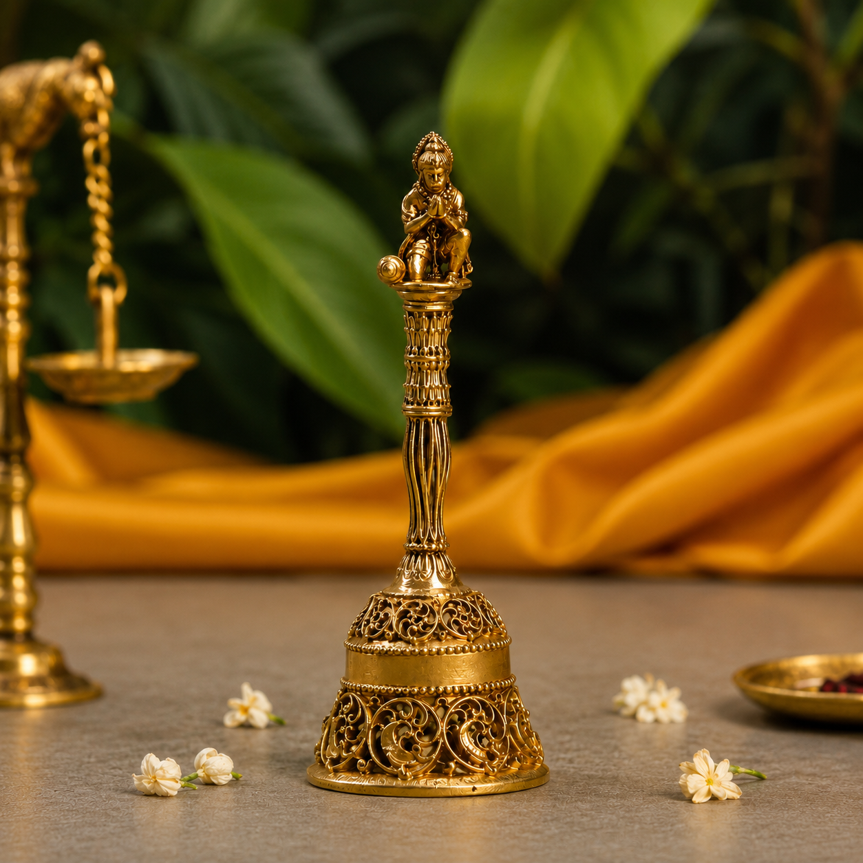 An ornate gold-toned brass or bronze decorative bell with a seated figure on top, displayed on a tabletop with scattered white flowers, draped yellow fabric, and a blurred green leafy background.