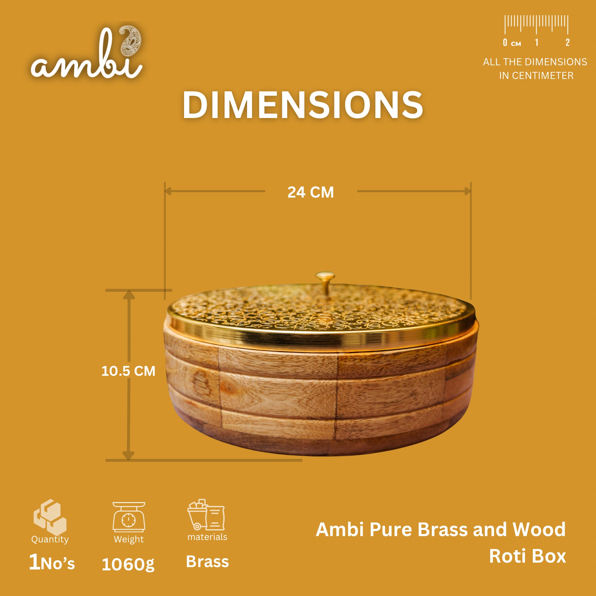 Intricately Etched Ambi Pure Brass Roti Box with Wooden Base and Tongs - 9 Inche
