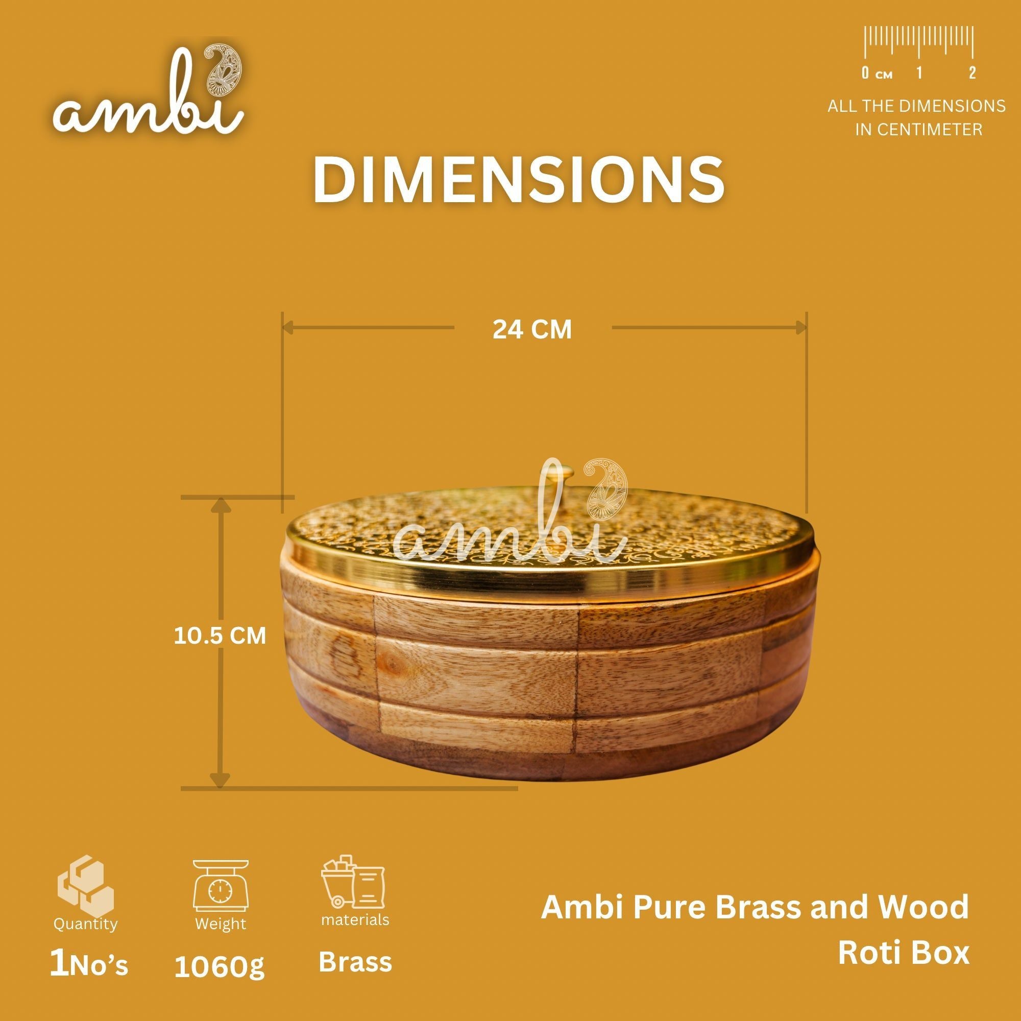 Intricately Etched Ambi Pure Brass Roti Box with Wooden Base and Tongs - 9 Inche