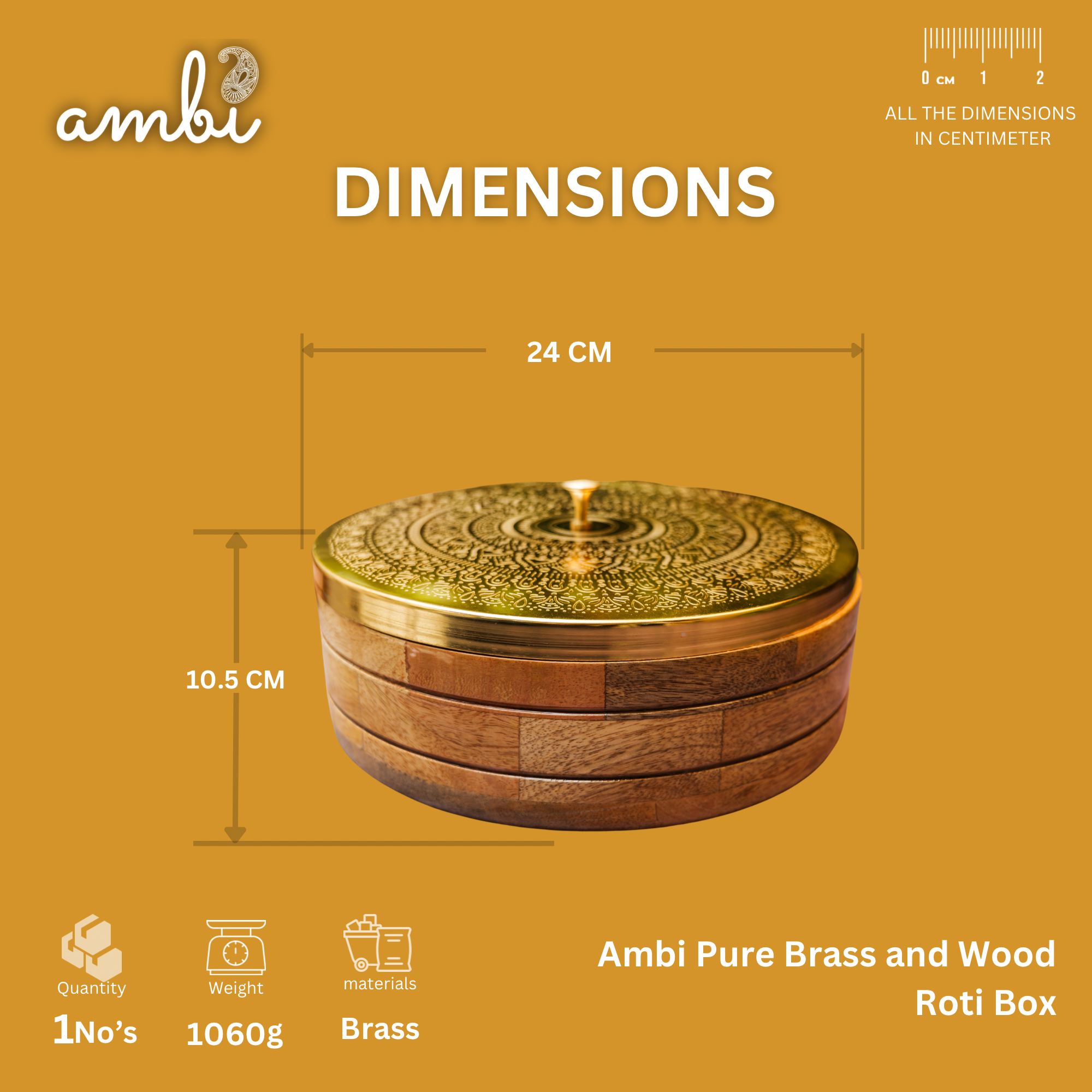 Ambi Pure Brass Mandala Roti Box with Wooden Base and Tongs - 9 Inche