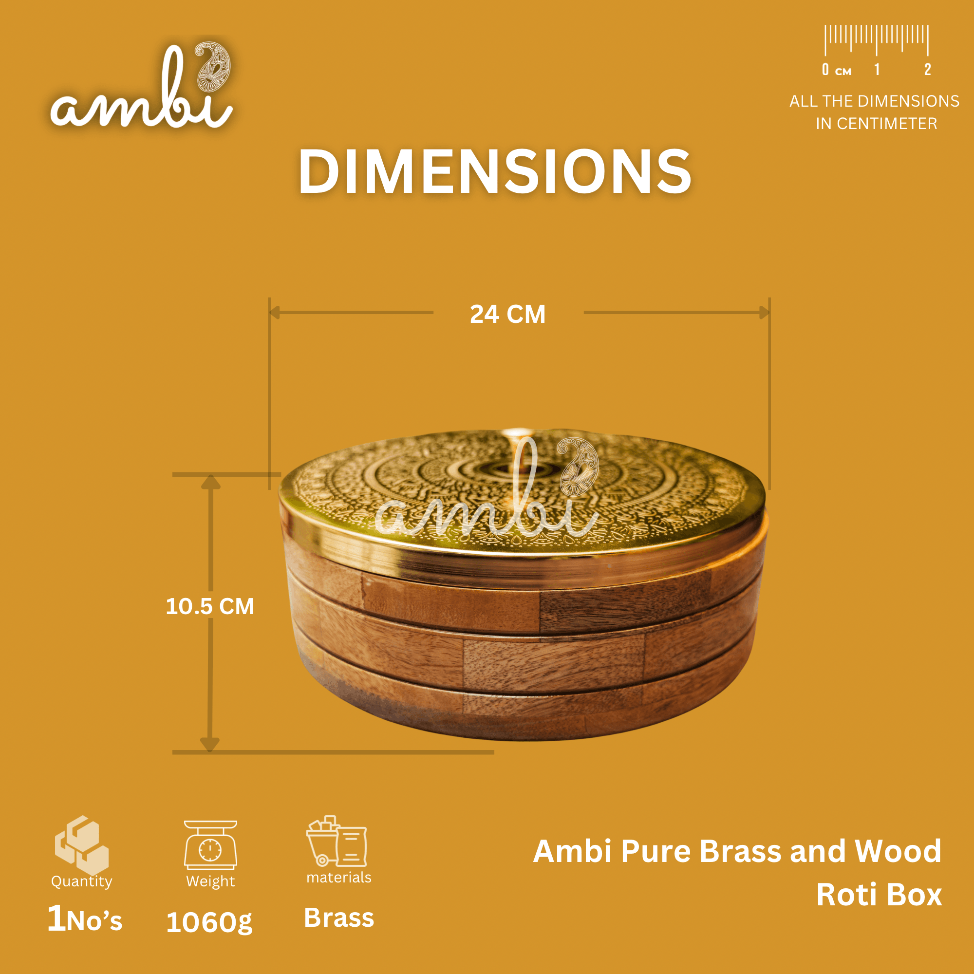 Ambi Pure Brass Mandala Roti Box with Wooden Base and Tongs - 9 Inche