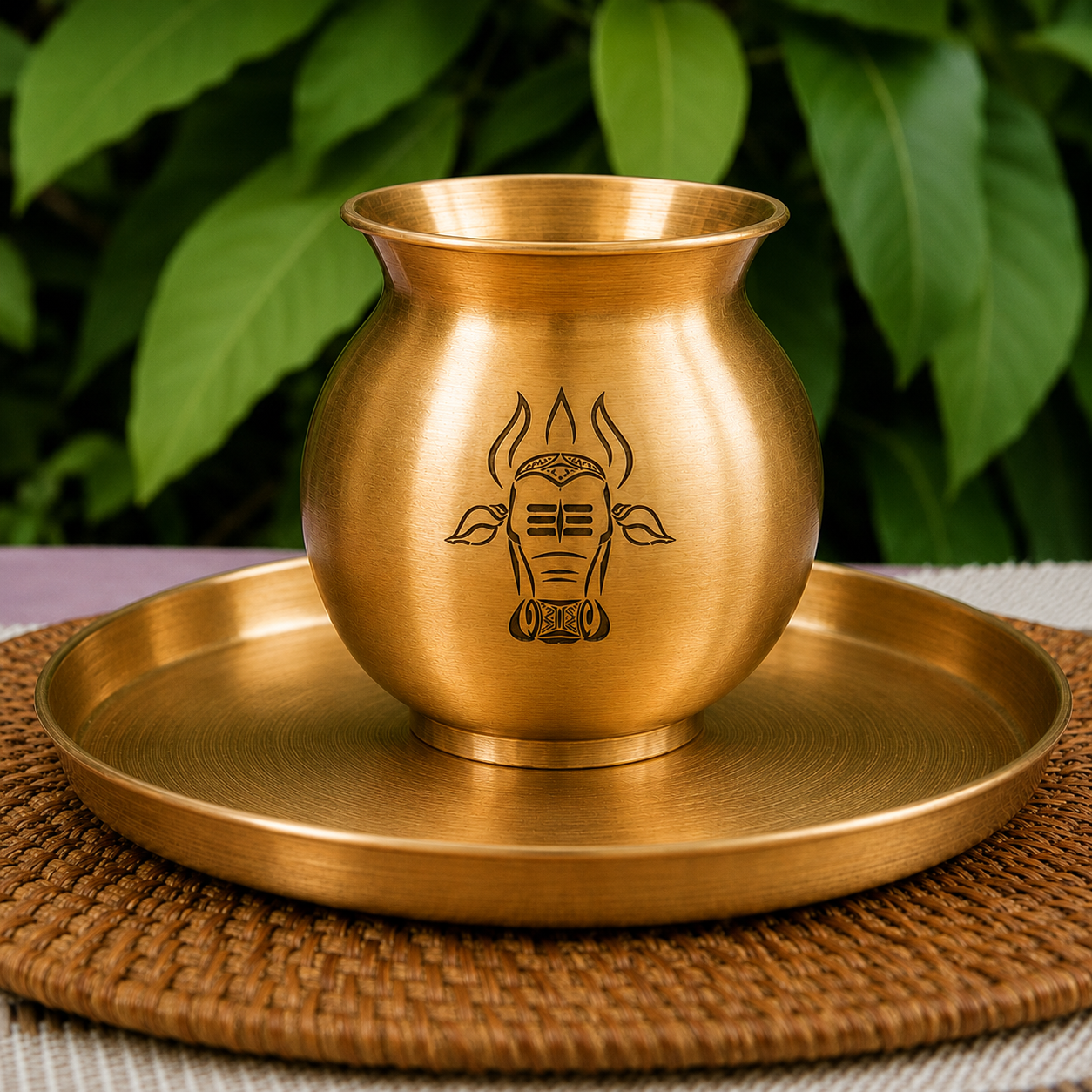 A brass pot with a matching round tray, featuring an engraved Nandi head design on the pot, set against a background of green leaves.