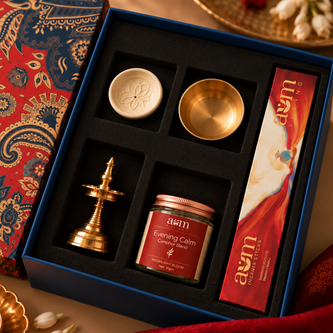 Ambi Premium Pooja Gift Box with Brass Diya, Kansa Katori, Incense Holder, Camphor Blend and Incense Sticks | Set of 5