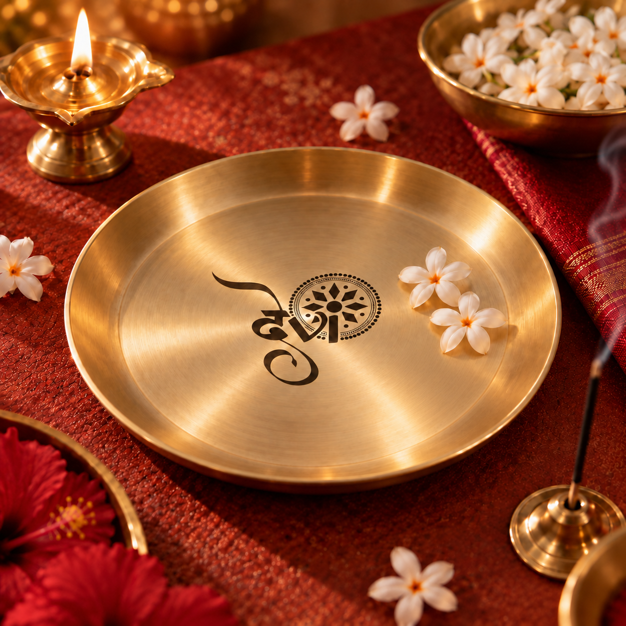 Ambi Devi Range 100% Pure Kansa Thali with Bengali Devi Etching | 8 Inch Pooja Thali