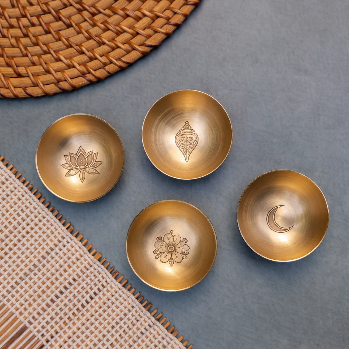 Ambi Devi Range 100% Pure Kansa Katori Set with Sacred Etching 4 inch each set of 4 | Lotus, Shankha, Shiuli and Chand | Set of 4