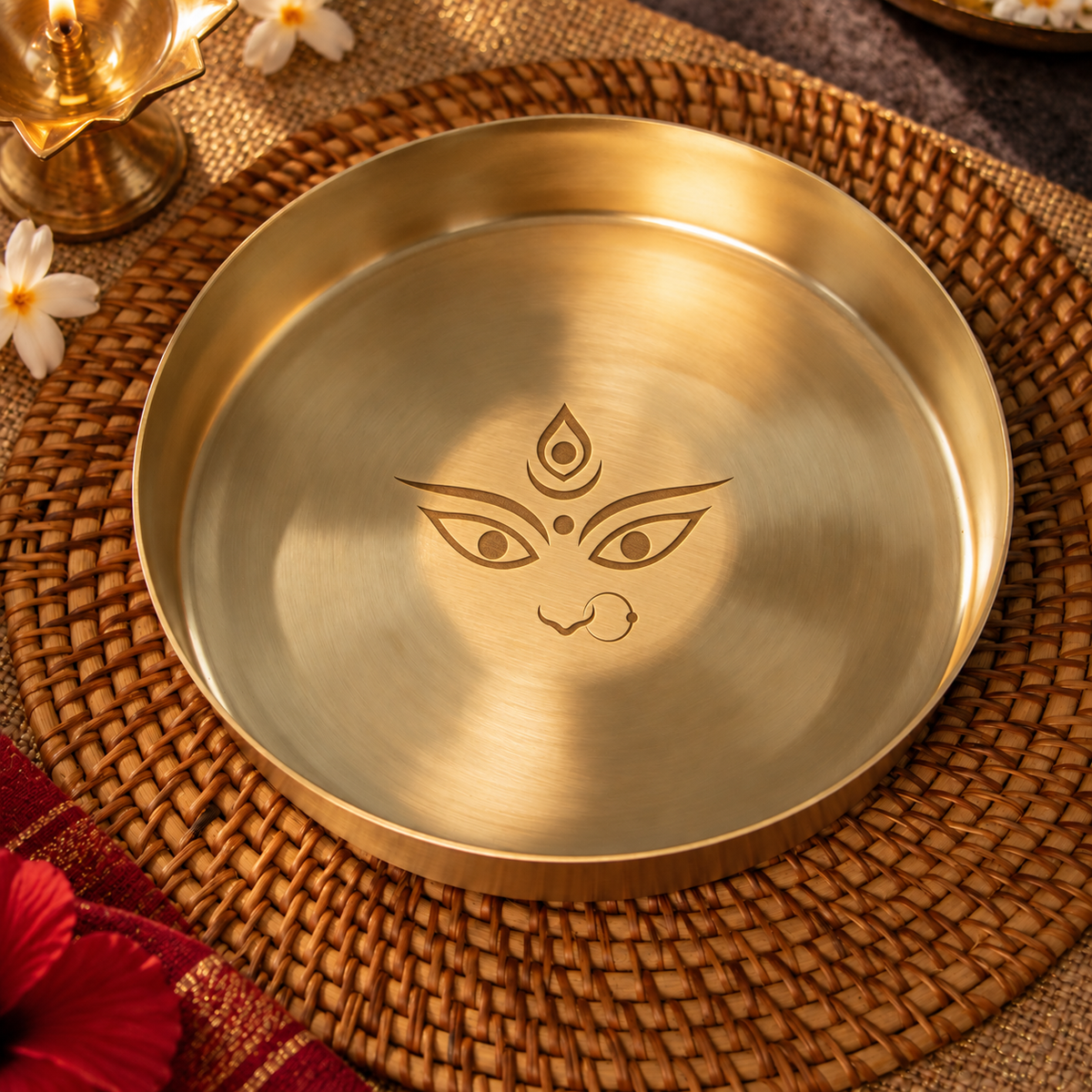 Ambi Devi Range 100% Pure Kansa Thali with High Edge and Devi Eyes Etching — 8 Inch Pooja Thali