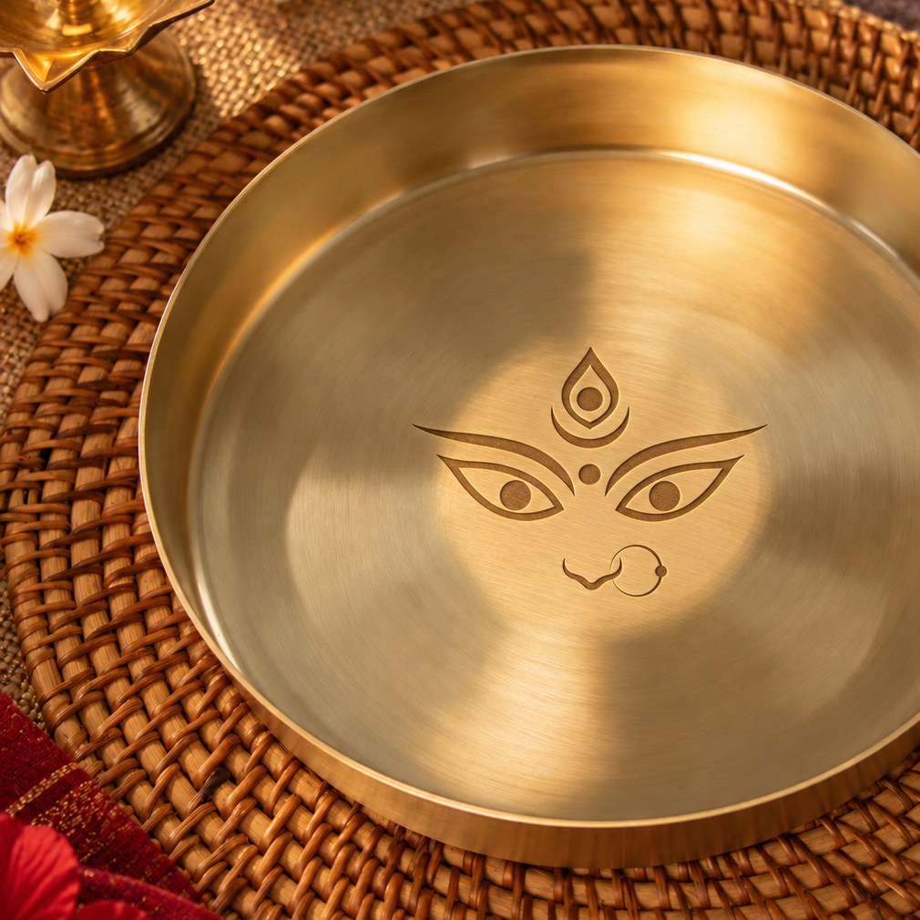 Ambi Devi Range 100% Pure Kansa Thali with High Edge and Devi Eyes Etching — 8 Inch Pooja Thali