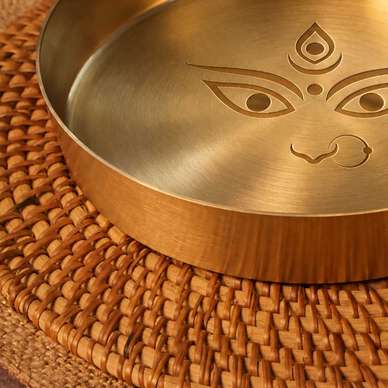 Ambi Devi Range 100% Pure Kansa Thali with High Edge and Devi Eyes Etching — 8 Inch Pooja Thali