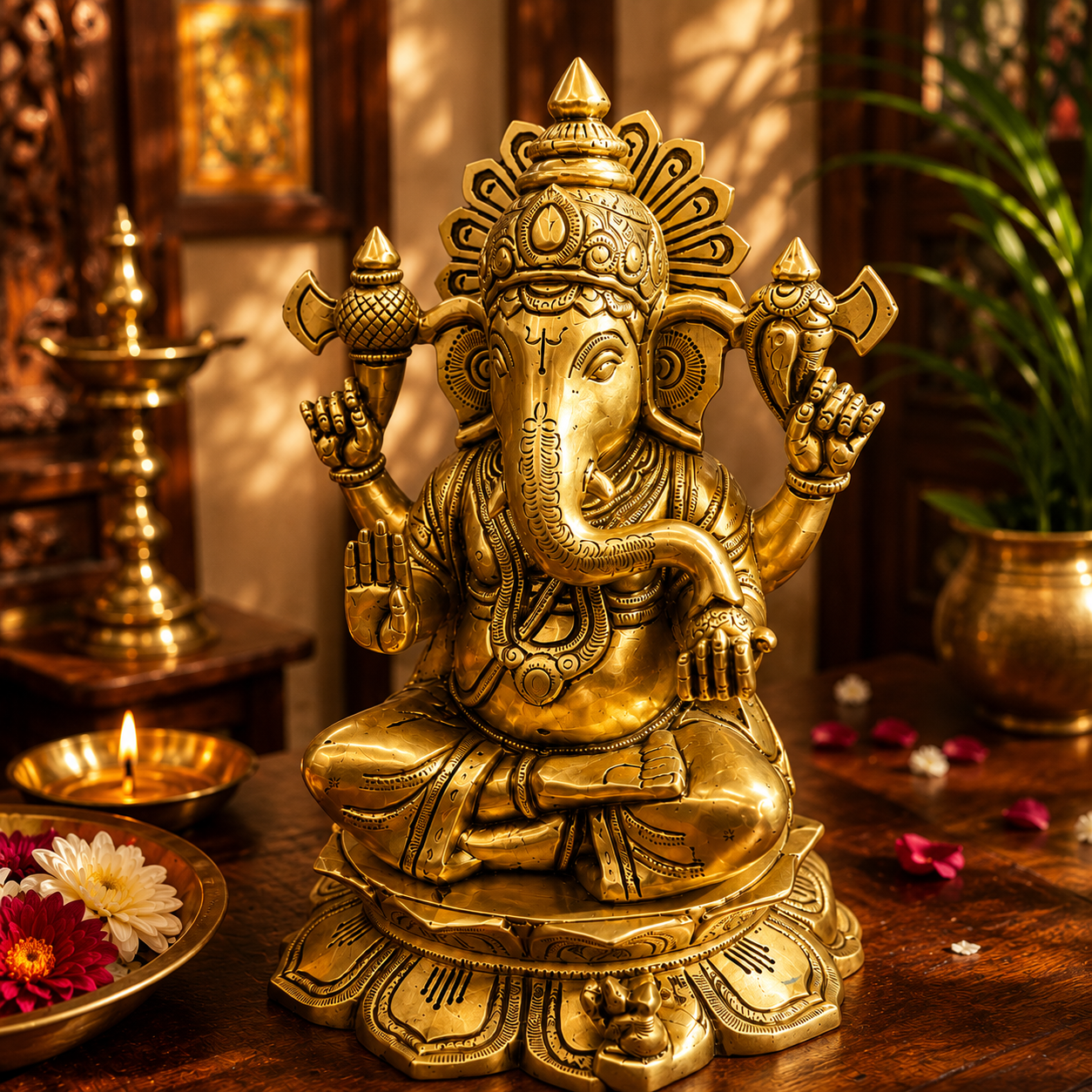 A golden brass Lord Ganesha statue seated on a lotus base, placed on a wooden table in a warm, decorated indoor setting with a lamp, flowers, and plants in the background.