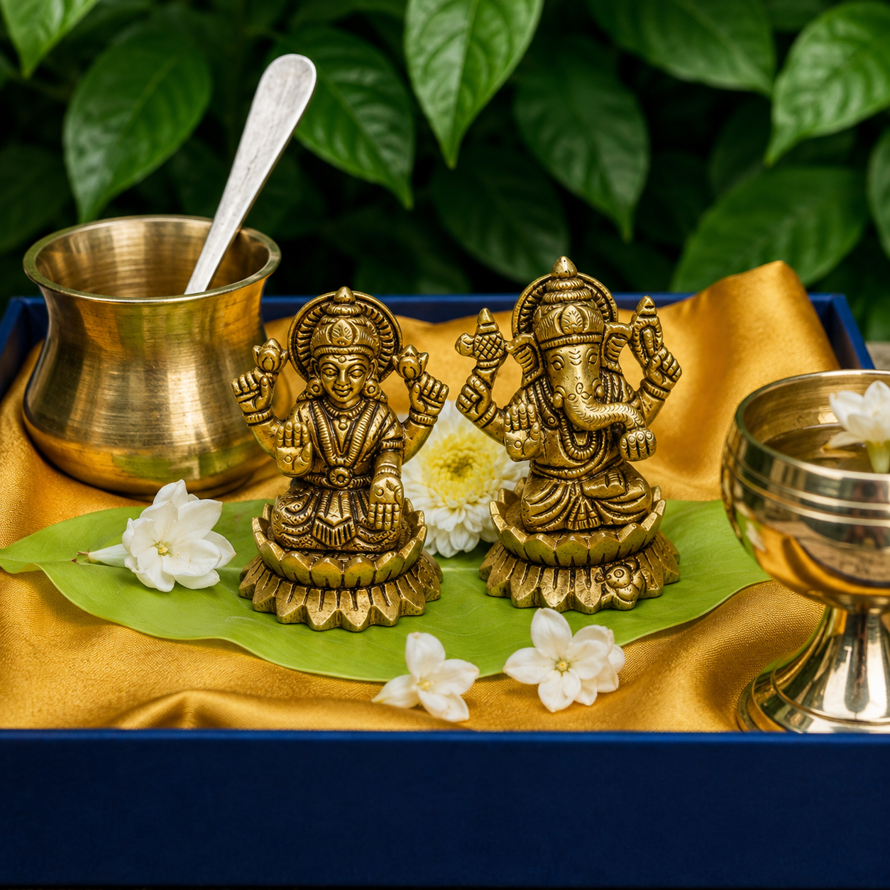 Pure Brass Lakshmi and Ganesha Idols - 3.5 inch height - Heavy Make