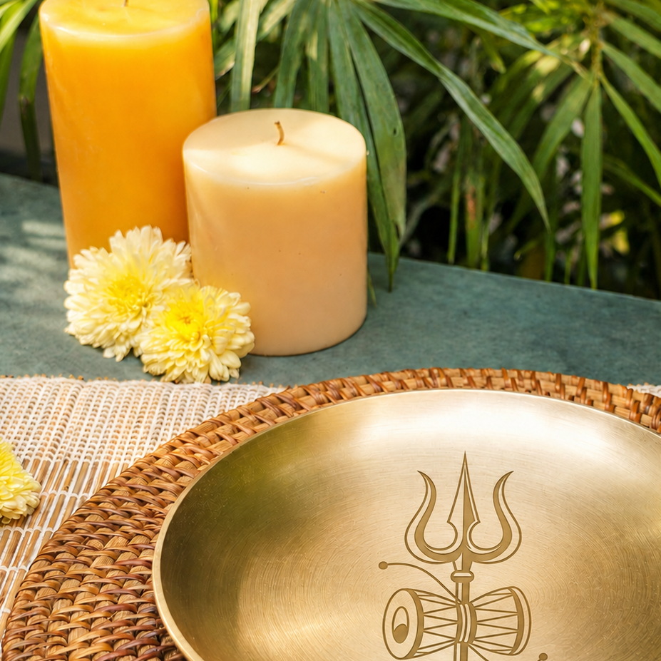 Ambi 100% Pure Lead-Free Kansa Pooja Plate with Trishul & Damru Etching – 8 Inch