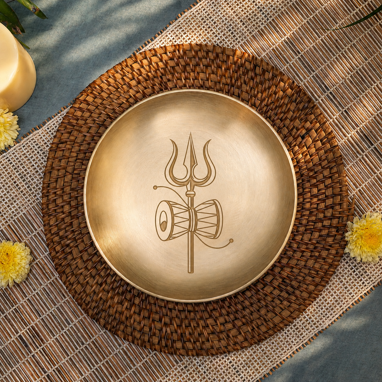 Ambi 100% Pure Lead-Free Kansa Pooja Plate with Trishul & Damru Etching – 8 Inch