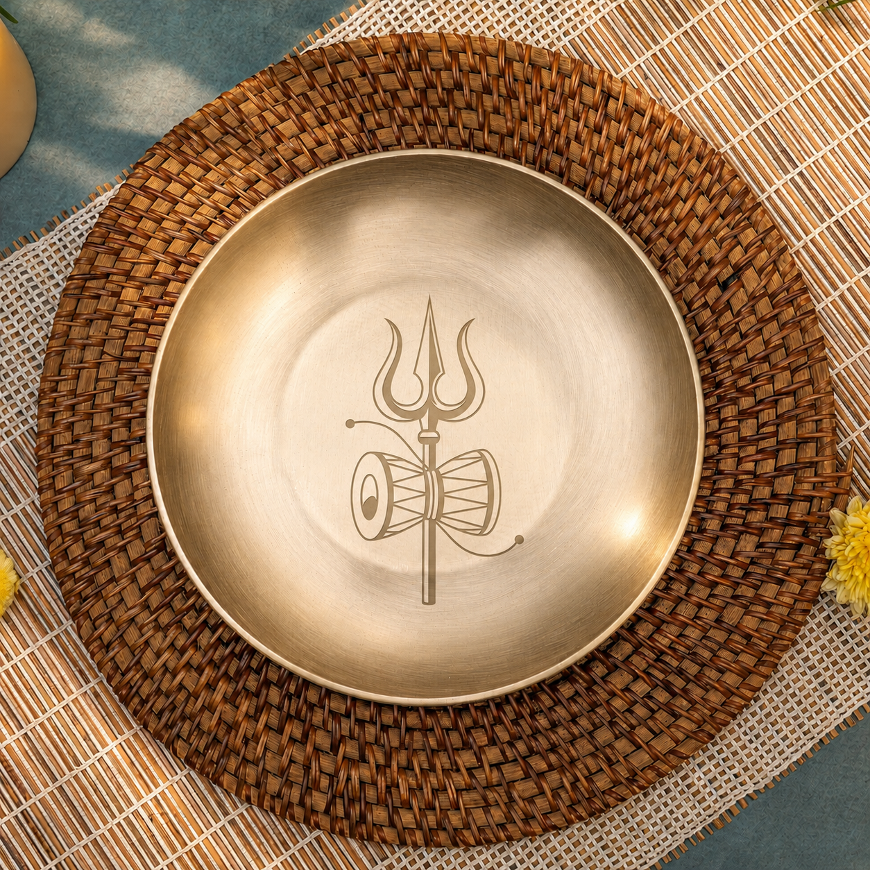 Ambi 100% Pure Lead-Free Kansa Pooja Plate with Trishul & Damru Etching – 8 Inch