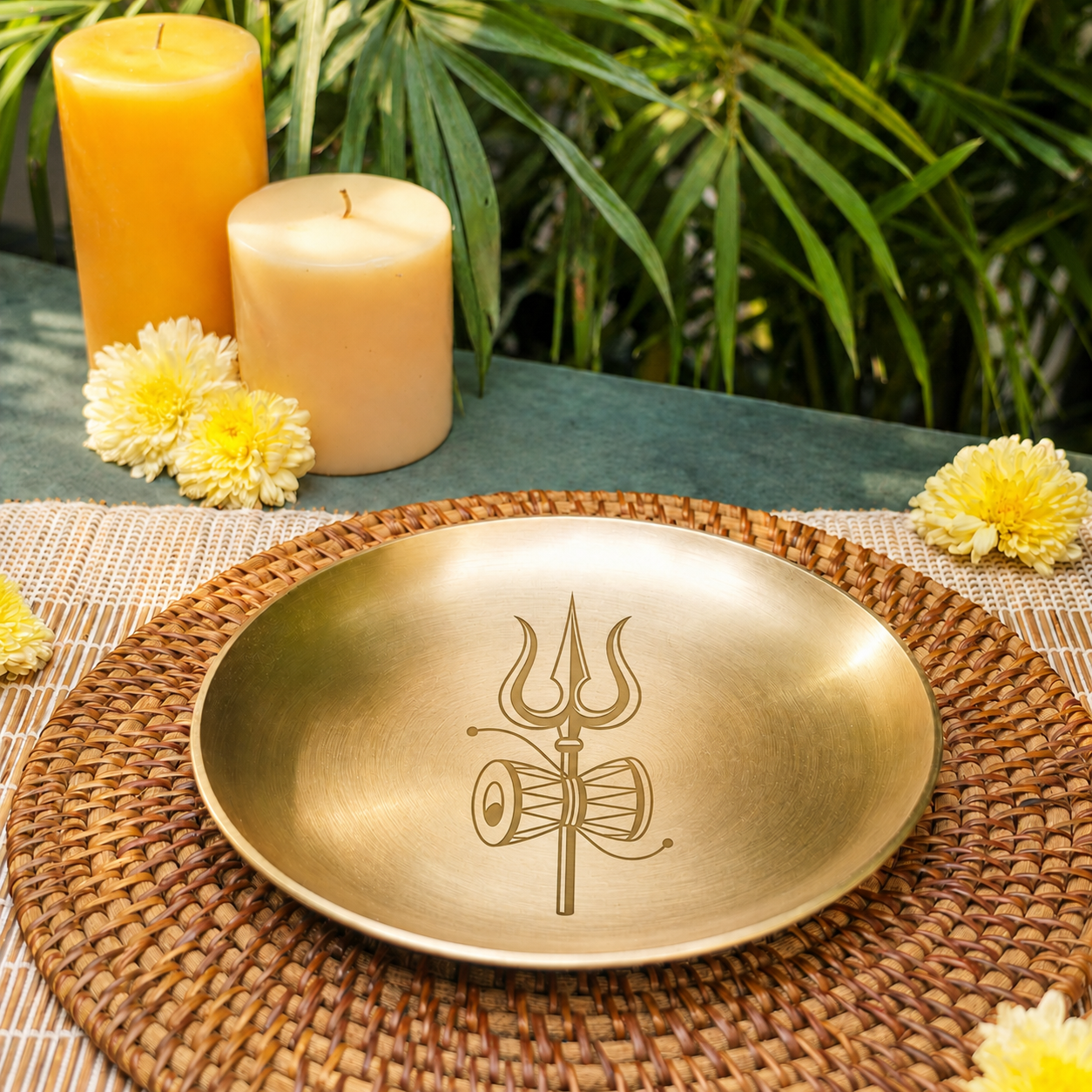 Ambi 100% Pure Lead-Free Kansa Pooja Plate with Trishul & Damru Etching – 8 Inch