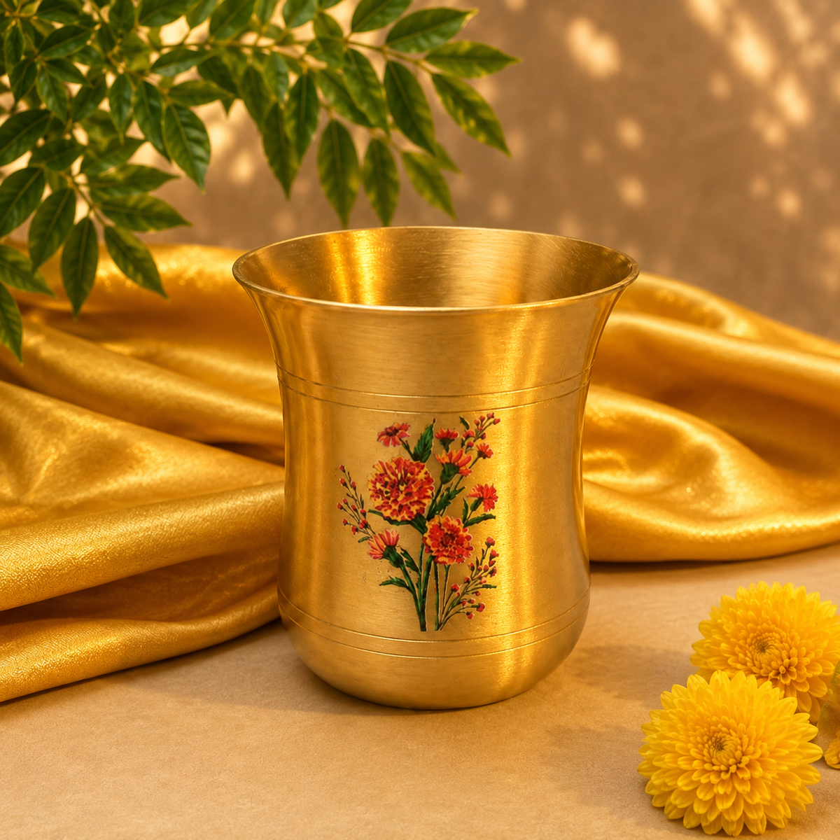 A shiny gold metal cup with a hand-painted floral design on the front, styled on draped gold fabric with green leaves and yellow flowers.