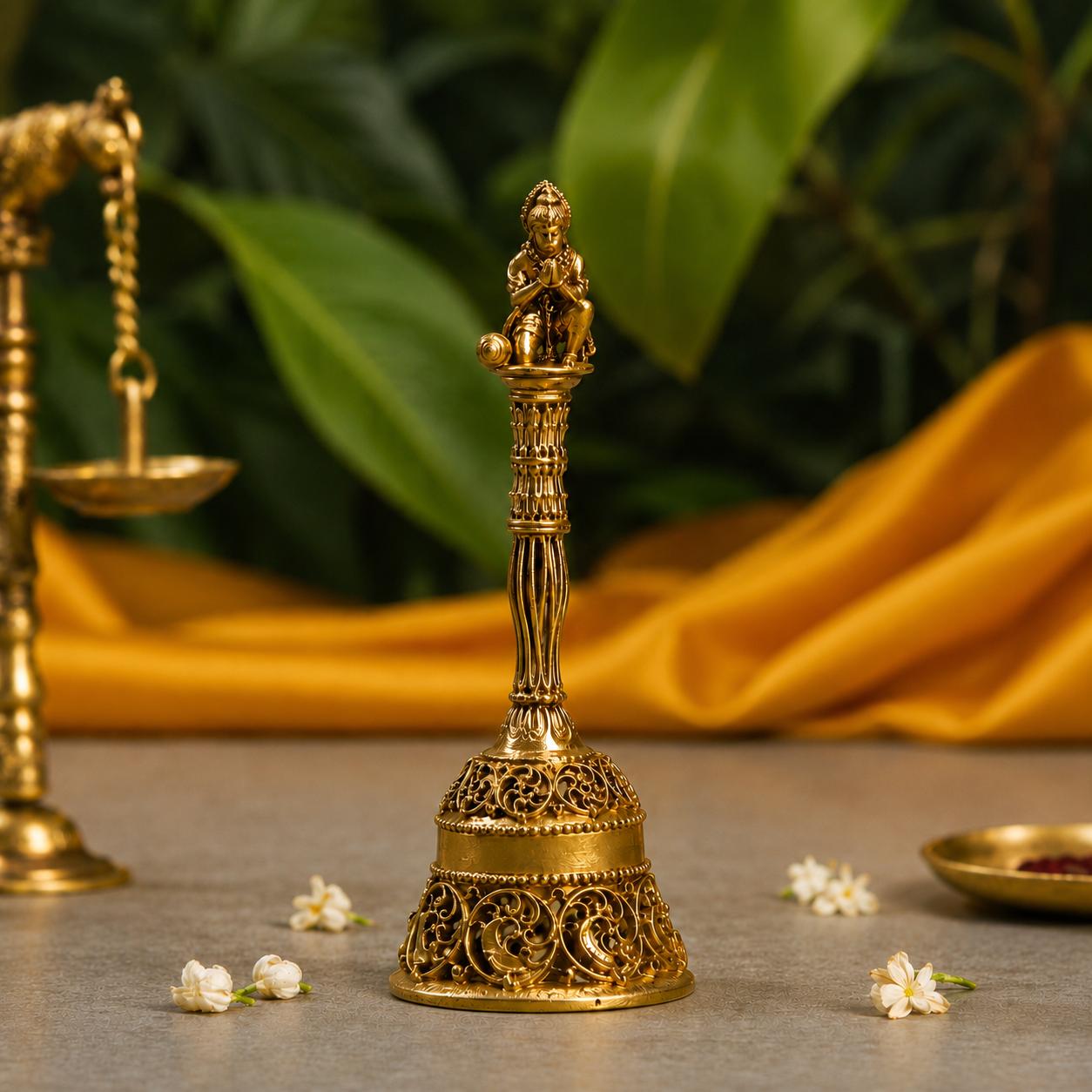 A golden brass decorative bell with a seated deity figurine on top, displayed on a gray surface with small white flowers, a draped yellow fabric backdrop, and blurred green leaves in the background.
