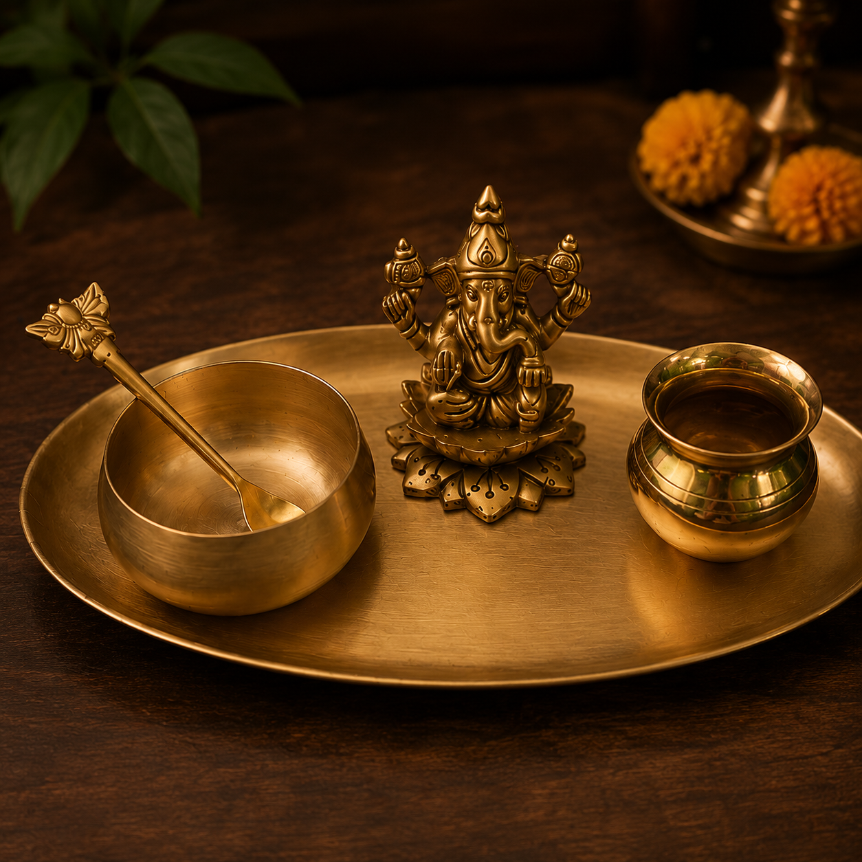A brass Ganesha idol on a matching oval tray, accompanied by a small brass bowl with a spoon and a small cup, set on a dark wooden surface.