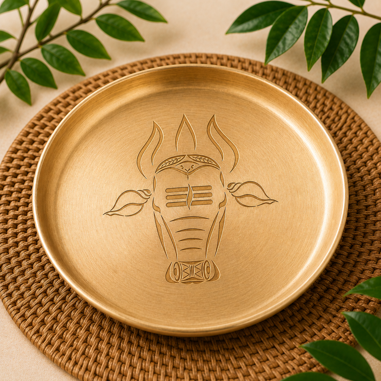 A round brushed brass plate featuring an engraved stylized Nandi head design, presented on a woven brown placemat with decorative green leaves in the corners.