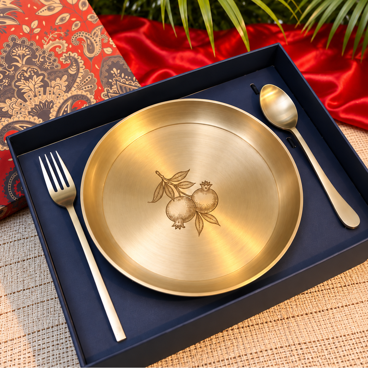 Ambi Kansa Plate with Pomegranate Etched & Cutlery– Premium Gift Box Set
