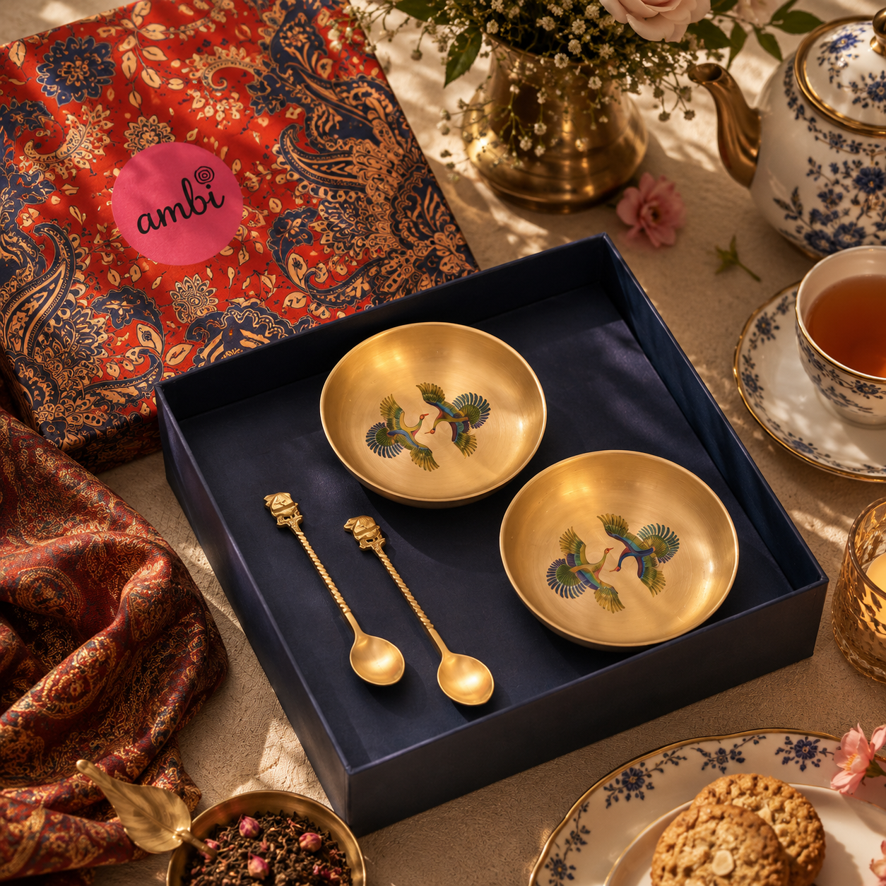 Kansa Dessert Plate & Elephant Spoon Set of 2 | Pattachitra Art | Premium Gift Box