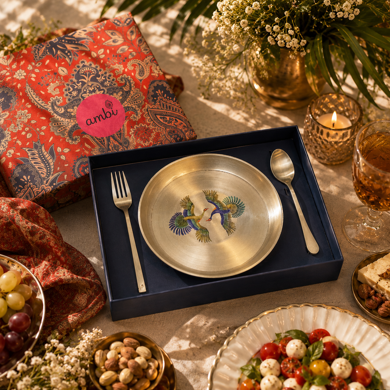 Ambi Kansa Plate with Pattachitra Peacock Motif – Premium Gift Box Set