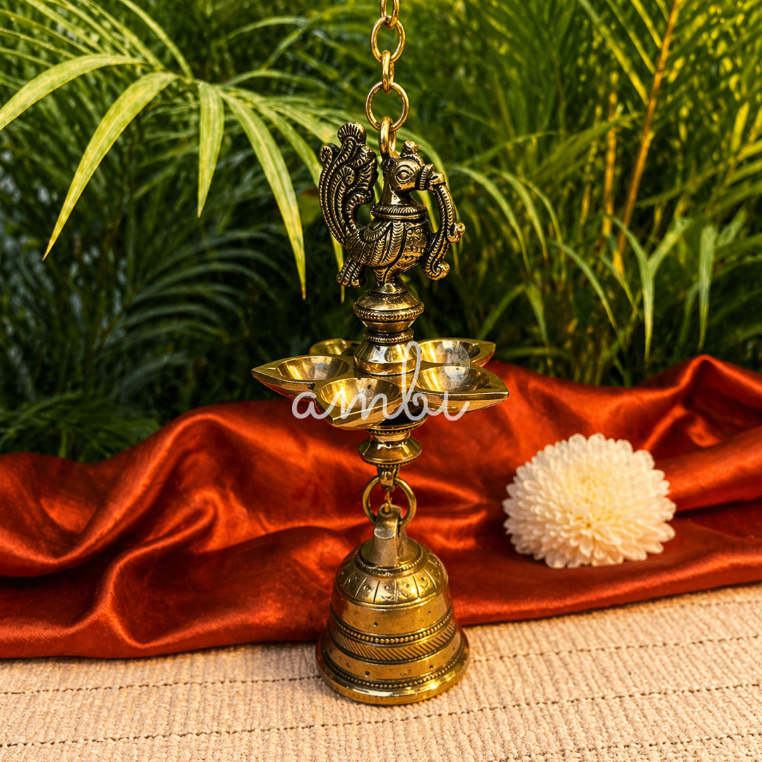 Ambi Pure Brass Hanging Peacock Deepam with 5 Diyas, Chain, Hoop & Bell