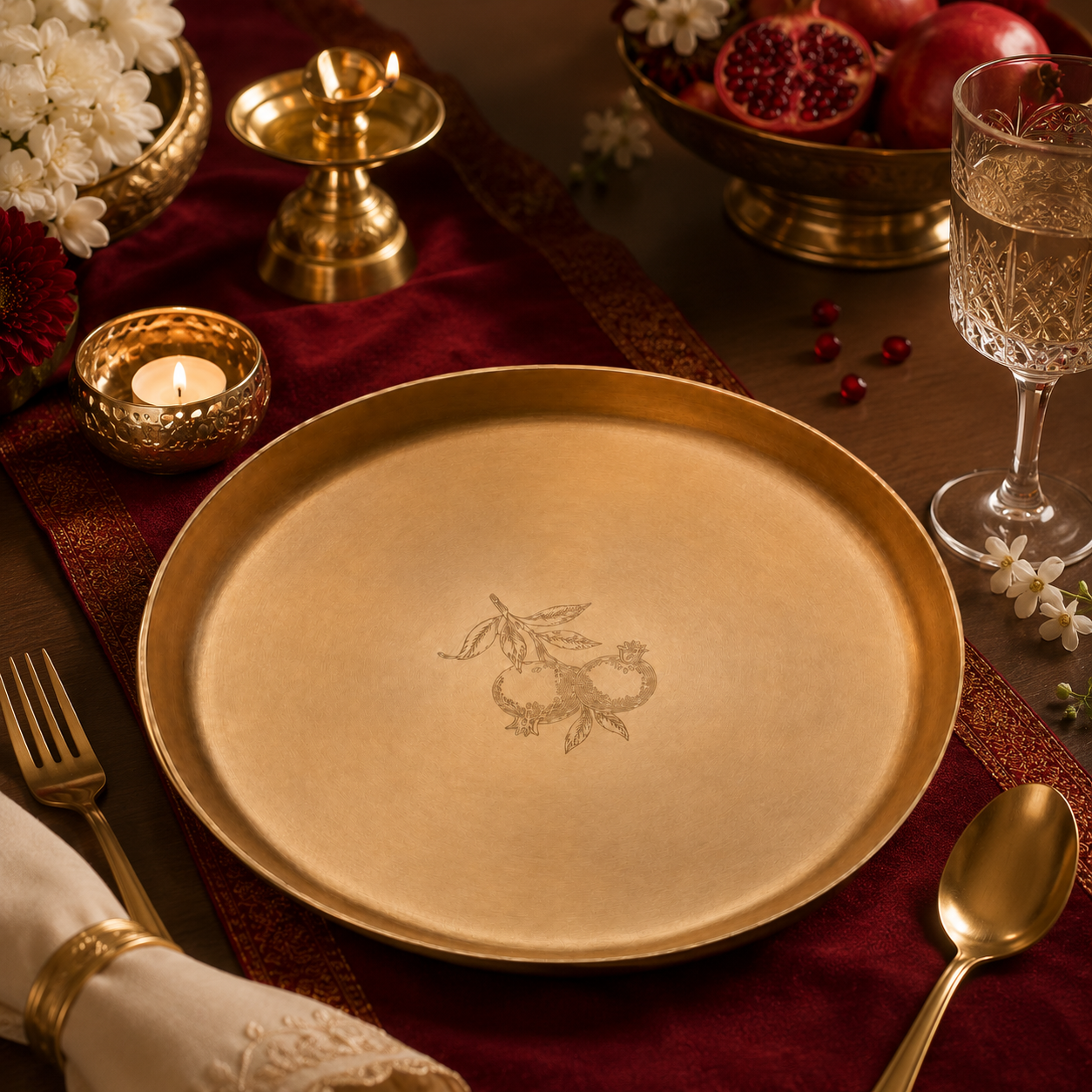 AMBI 100% Pure Lead Free Kansa Plate With Pomegranate Hand Etched Design— 11 Inch High Edge | Dessert & Puja Plate