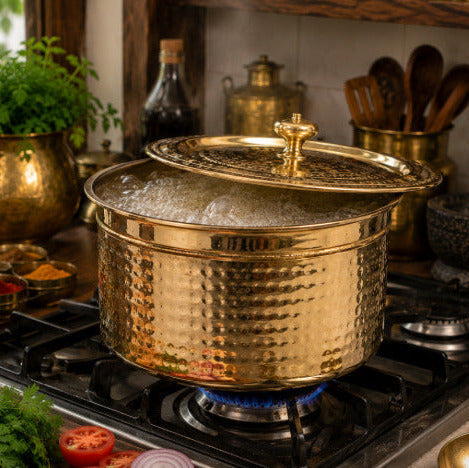 Ambi Home Pure Brass Small Hammered Pateela with Lid | 1L Traditional Indian Cooking Pot