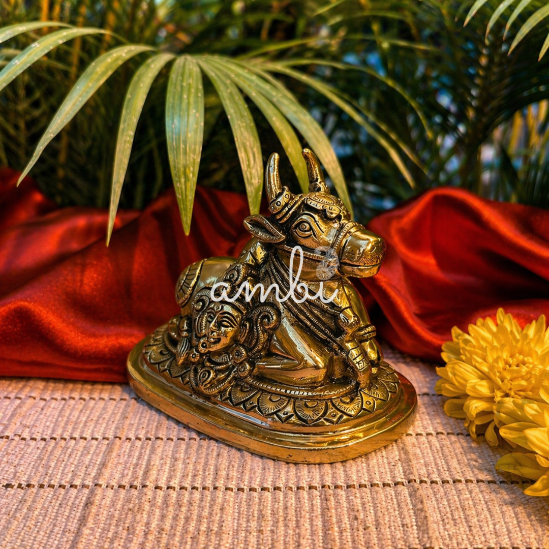 Ambi Pure Brass Nandi Idol with Shiva & Parvati Engraving - Big Size - 4.5 Inch